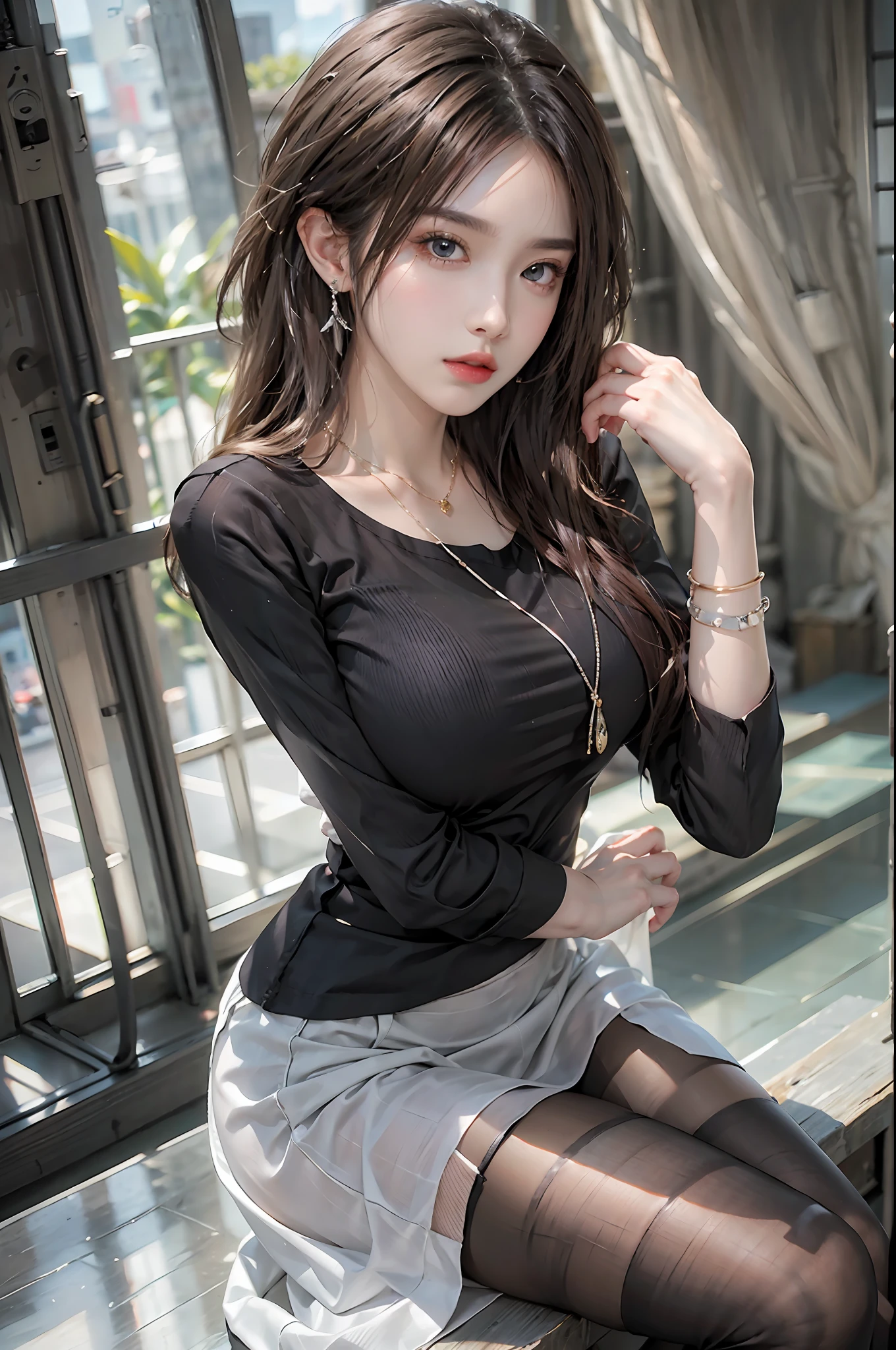 photorealistic, high resolution, 1 woman, solo, hips up, beautiful eyes, long hair, huge breast, bracelets,elegant necklace, elegant diamond earrings, white shirt, black skirt, black stockings