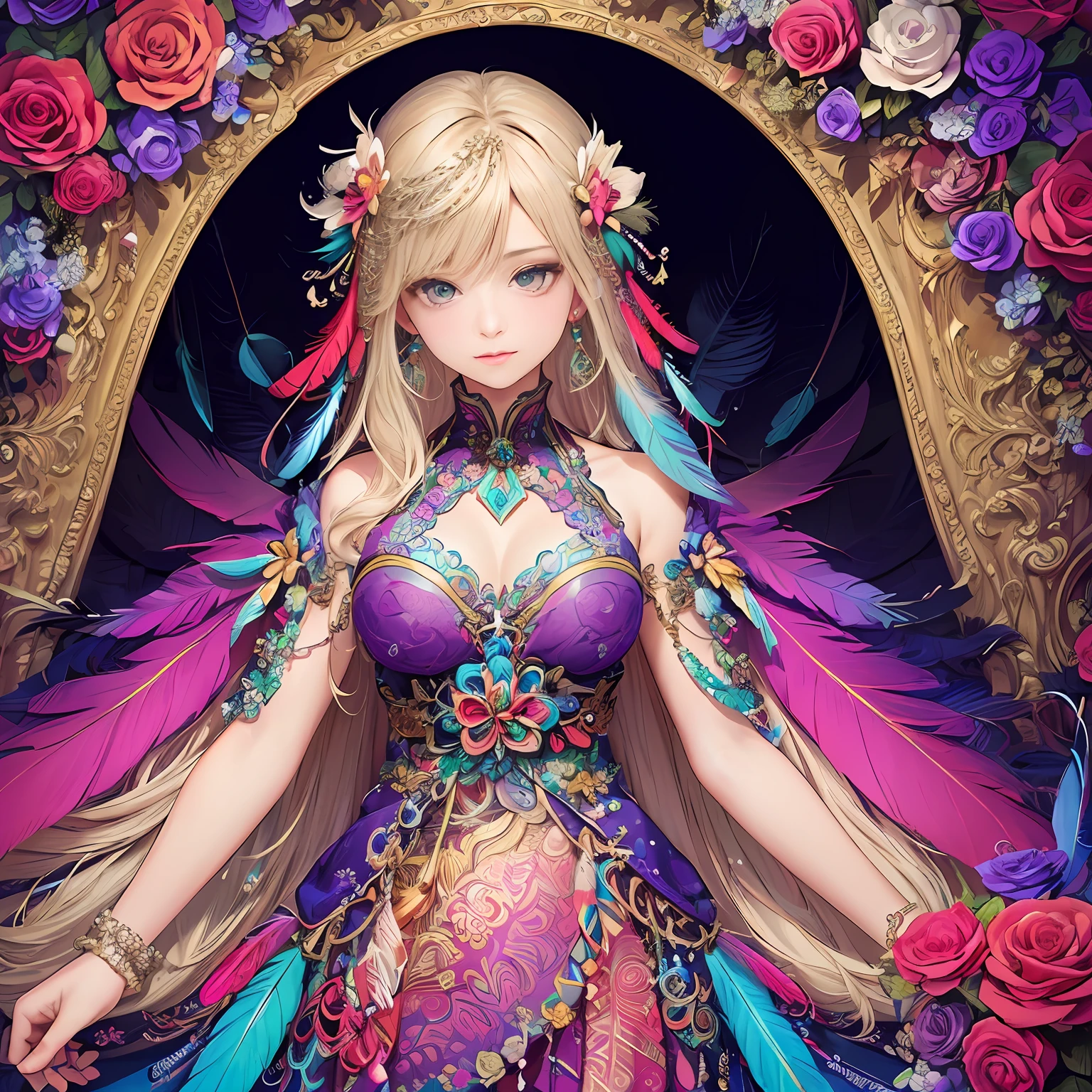 (masutepiece, of the highest quality, Best Quality, Official art, Beautiful and aesthetic:1.2), (1girl in:1.3), Extremely detailed,(Fractal Art:1.1),(Colorful:1.1)(Flowers:1.3),highest details,(Zentangle:1.2), (Dynamic Pose), (Abstract background:1.3), (Many colors:1.4), ,(earrings),  (Feathers:1.5)