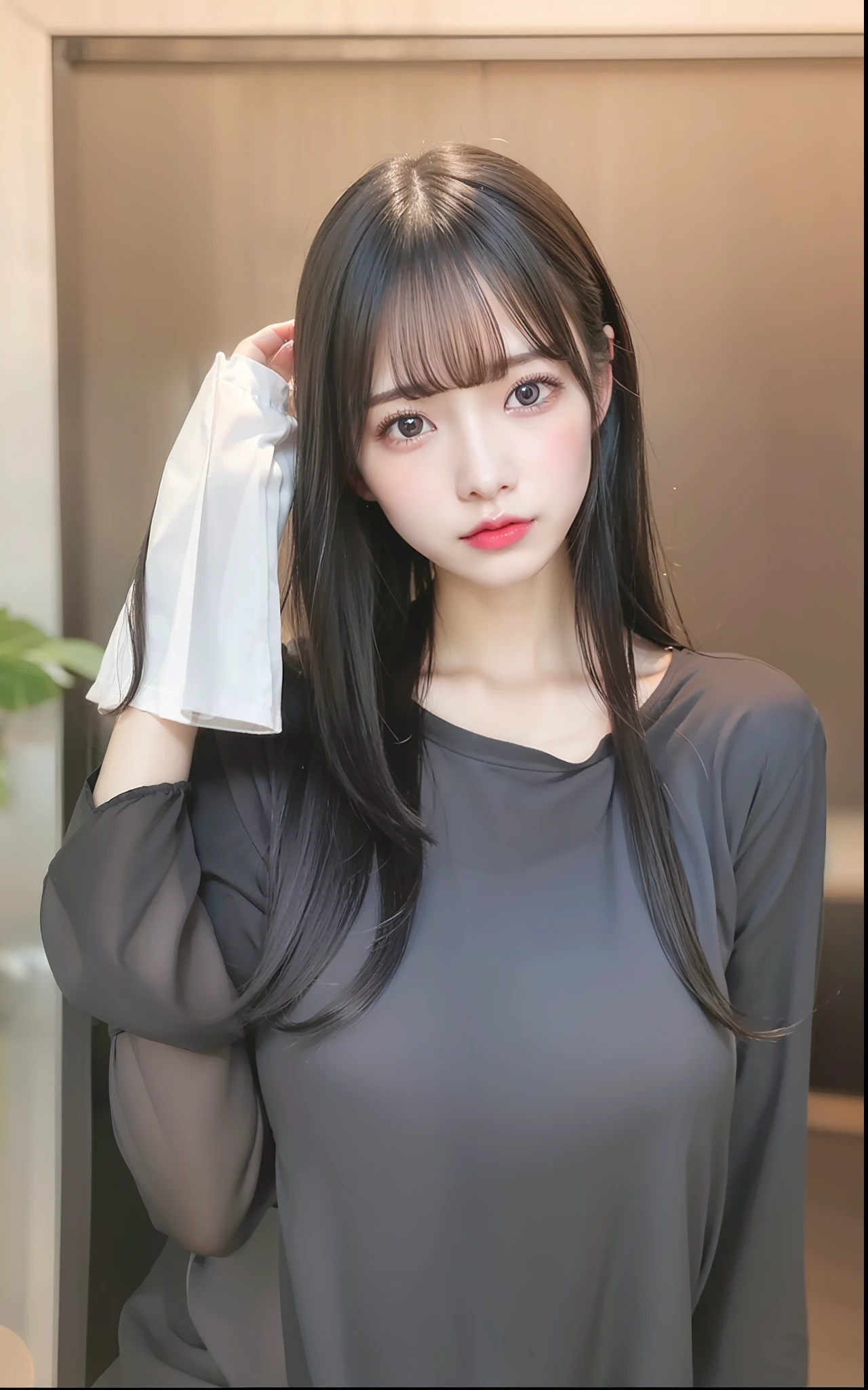 1 girl, black hair, long hair, gray long sleeved shirt, big boobs, fair skin, bangs, light pink lips, black gray eyes , ((ultra hd, ultra detailed, ultra detailed skin, realistic