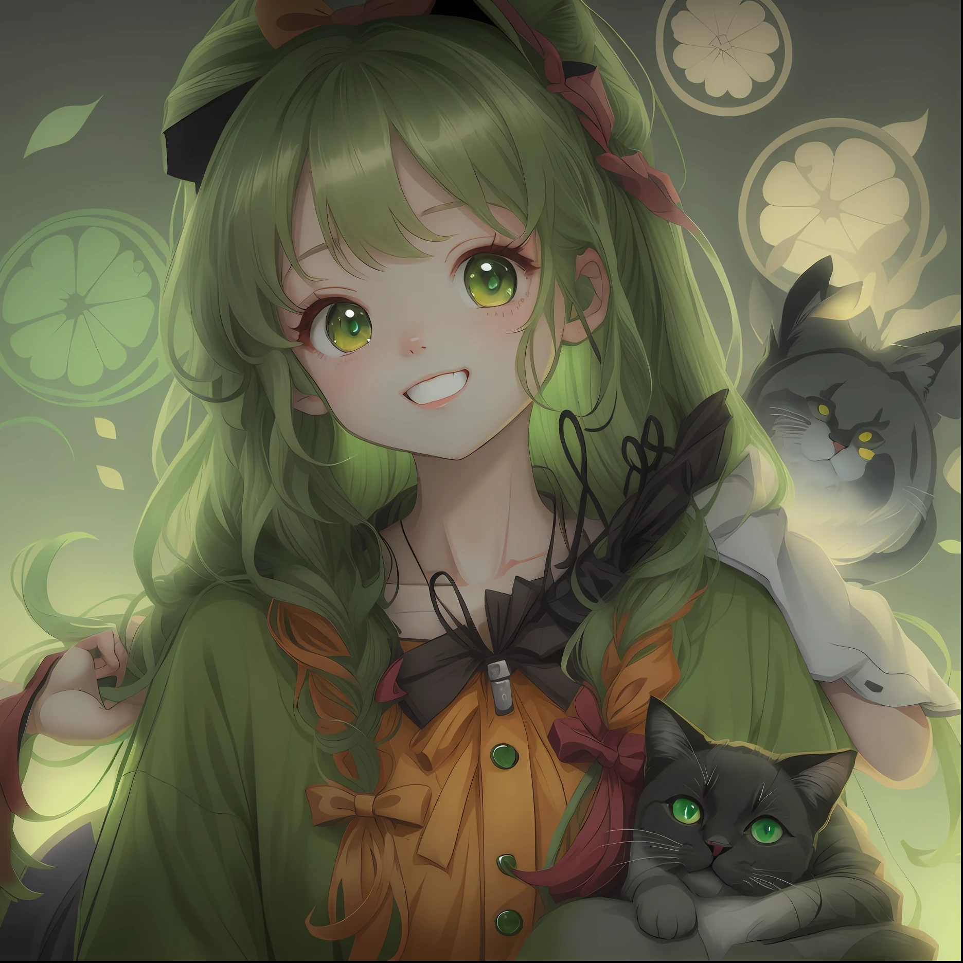 Anime girl with long hair and green eyes holding a cat, cute anime catgirl, anime girl with cat ears,