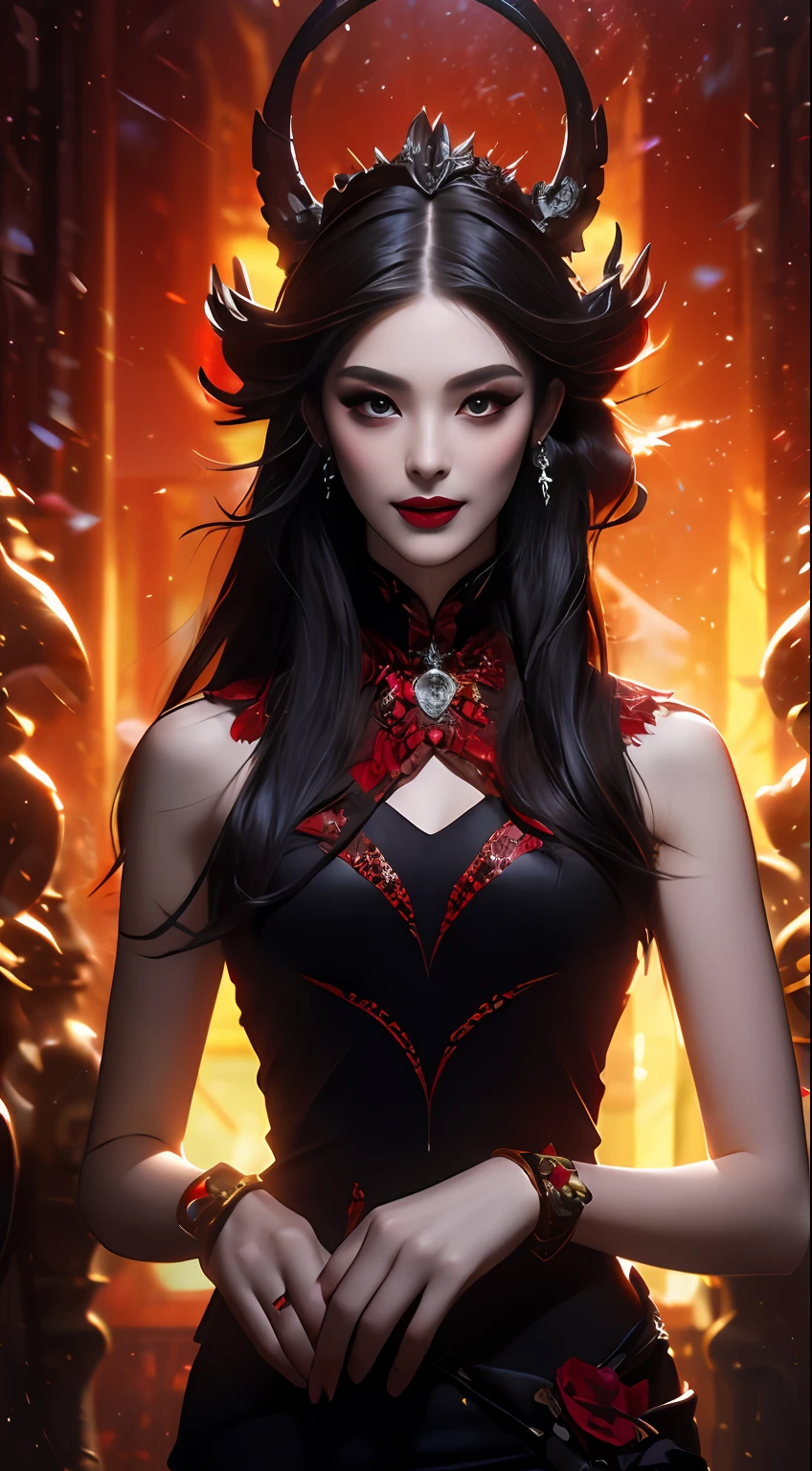 1 beautiful devil woman from hell, In the Dark: 1.6), surreal female portrait by David Hockney and Alphonse Mucha, fantasy art, korea doll, photorealism, dynamic lighting, artstation, poster, volumetric lighting, very detailed faces, 8k ultra, Awarded, in the dark, deep shadow, low key, cowboy lens, (Red phoenix dress: 1.4), long hair, black hair, bust, luxurious palace, Royal style, devil crown, red eyes make up very sharp and detailed, The most beautiful face, The breasts are very big and round and round, Super realistic, chinese women's clothing, polo neck sweater, Charming smile, The eyes are very well made up, guweiz, devil style, wearing black mesh socks, Ponytail with a bow tied at the back of the hair, Red black lips, Devil tattoo on shoulder, wearing a thin red and black robe, the landscape is overcast and thunderous, (Portrait), Close-up of the main character, (Background details 1.8),