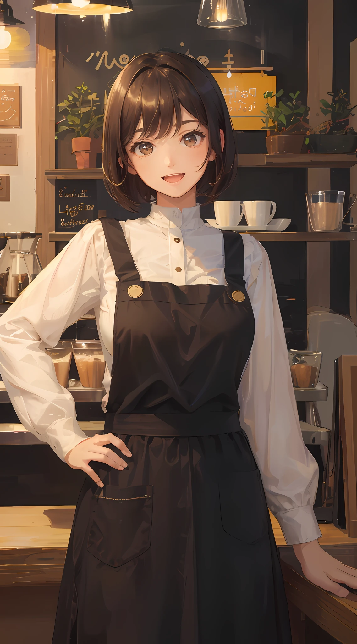 (Solo, 1girl), (masterpiece, highest quality, Super Detail:1.6), 8K, Best Quality, Indoors, very short hair, short bob hair, (brown hair), tuck one side hair behind ear, yellow eyes, Looking at Viewer, Smile, cheerful woman, Anime, wearing white long sleeve blouse, long skirts, high neck blouse, (front view, frontal face, from front, light from front), indoor, 30 years old, barista, coffee shop, wearing long black apron, open mouth, :d, super fine illustration, soft lighting, extremely beautiful girl, (extremely detailed eyes)
