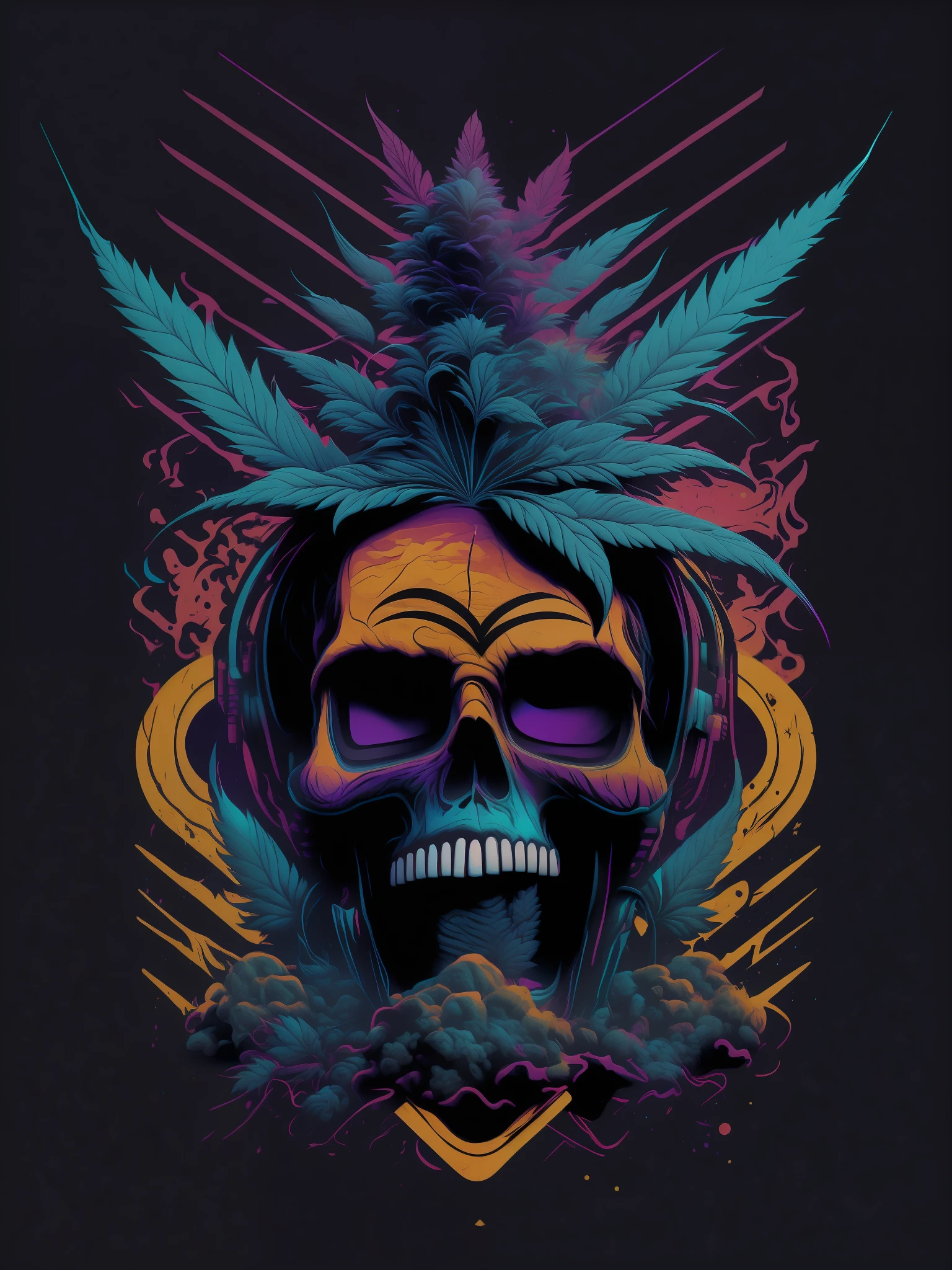 skull, marijuana, 80's vector image, T-shirt design, isolated, black background, blue orange illustration and purple only