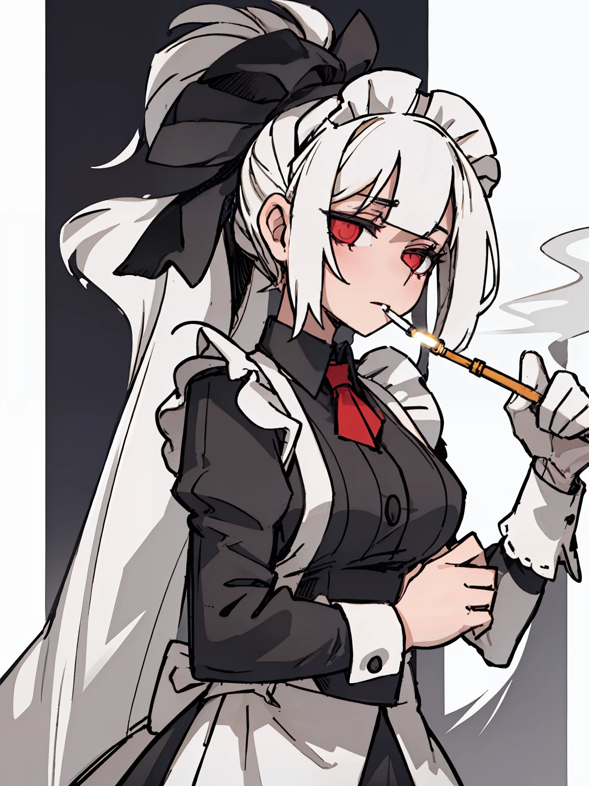 A girl frontal,((full bodyesbian,whaite hair,curlies,(the maid outfit))),Smoke a big cigarette,Young, White background