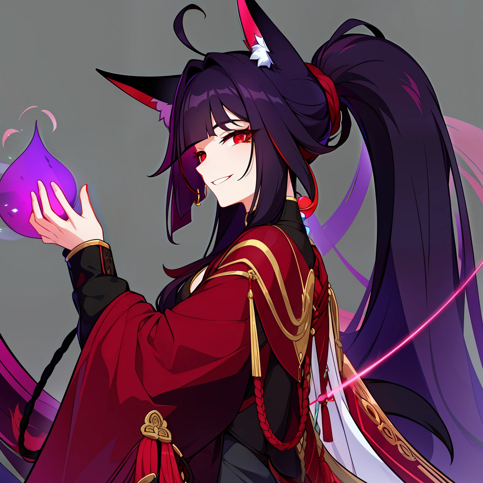 Young guy, pretty facial features, long dark purple hair, half gathered in messy ponytail, half loose, dangerous bright red eyes, black fit clothes with many jewels, fox ears and tail, mad smile