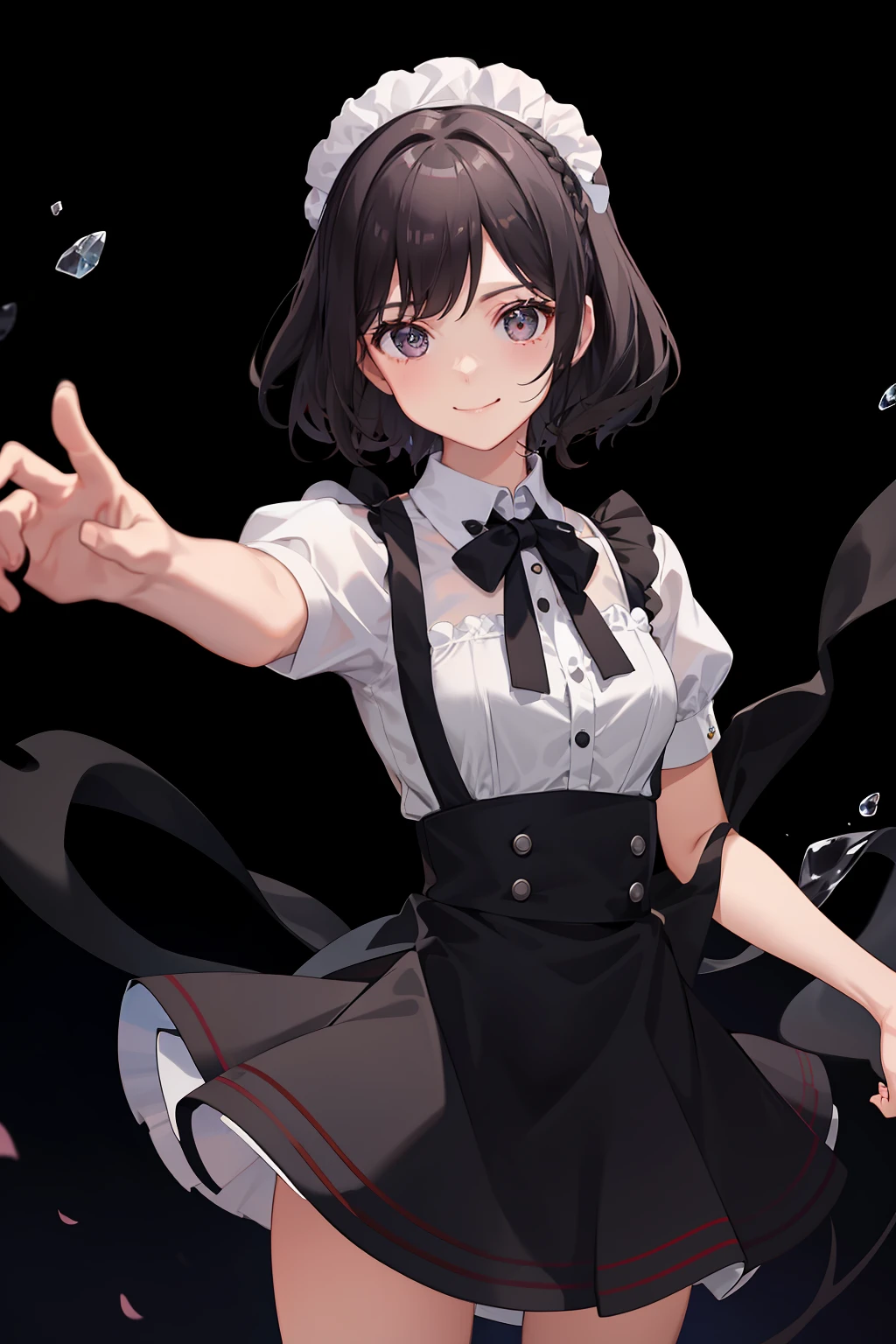 1girl in、A smile、A delightful、skirt by the、(small tits)Chilarism、doress、pinafore,,,,,,、Maids,,,,,,,,、A dark-haired、hair adornments、movement、