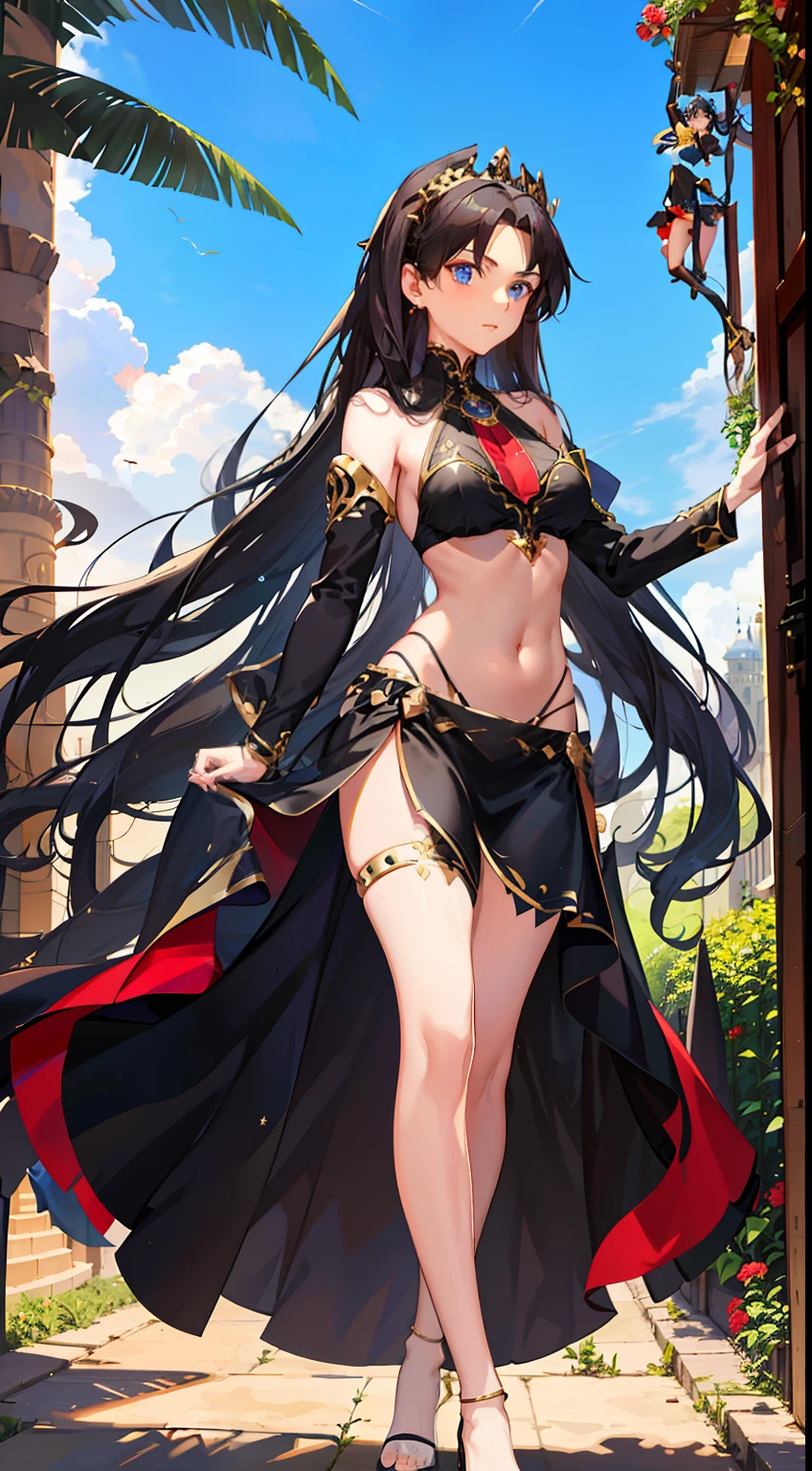 long hair, black hair, medium breast, slim legs, happy, blueish gown, cleavage, arabian belly dancer , short skirt, rin tohsaka, twin tail, navel, garden, blue eyes, tiara, standing, thigh high socks, sunlight, shoulderless