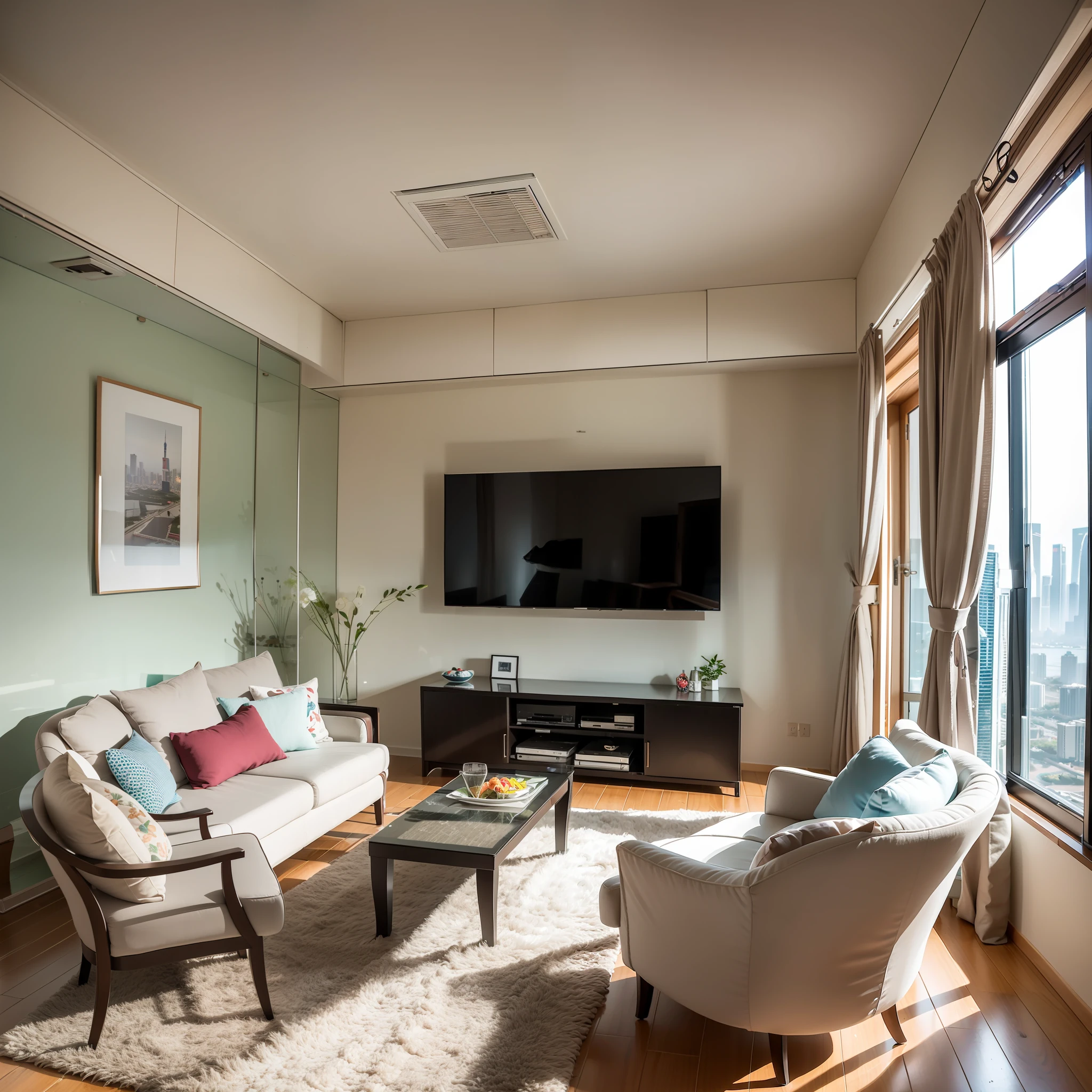 Apartment on the 108th floor of Haihua Island, Hainan，Family of five sitting in the living room watching TV，There is a husky dog next to it，Canon shooting，See the Bund with a telescope