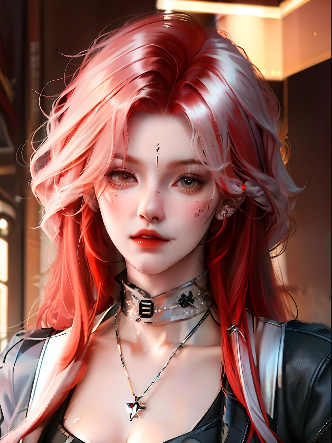 (best qualtiy,8k,32k,tmasterpiece,UHD:1.2),red tinted hair,long whitr hair,cruel,Business suit,woman,oversized_sweater,choker necklace,Handsome background