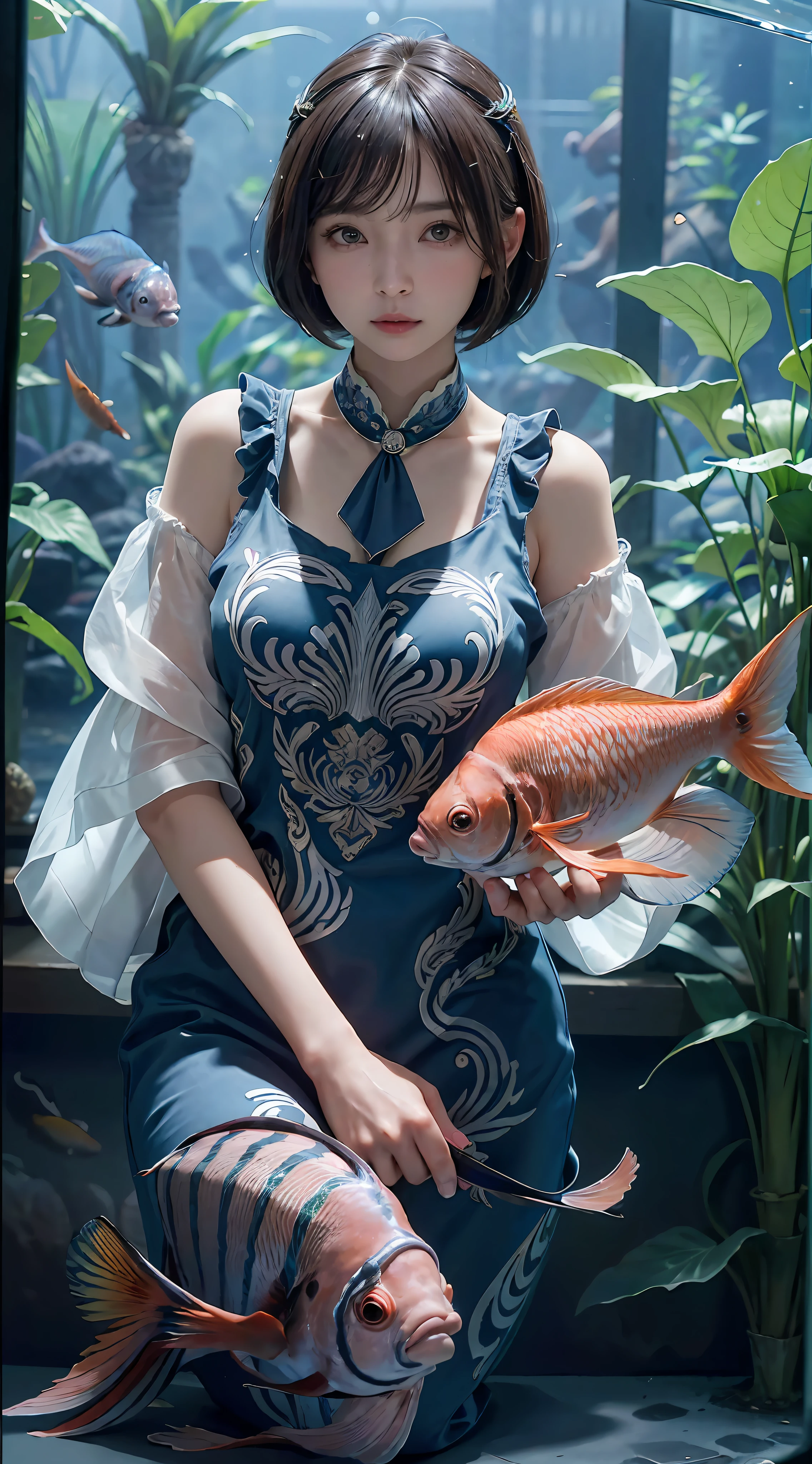 (((30-year-old woman with)))、((aquariums))、masterpiece, 1 beautiful girls, (((very_Short_hair))), Eye details, Swollen eyes, Top image quality, 超A high resolution, (Realistis: 1.4), OriginalPhotographs, 1girl in, Cinematographic lighting, japanes, very beautif, Beautiful skins, (A hyper-realistic), (hight resolution), (8 K), (ighly detailed), (The best illustrations), (beautifully detailed eyes), (ultra-detailliert), A detailed face, look at a camera, Facing straight ahead, Neat Clothing, shorth hair、A dark-haired、46-point diagonal bangs、((aquariums))、Lots of fish、(((tropical fish)))