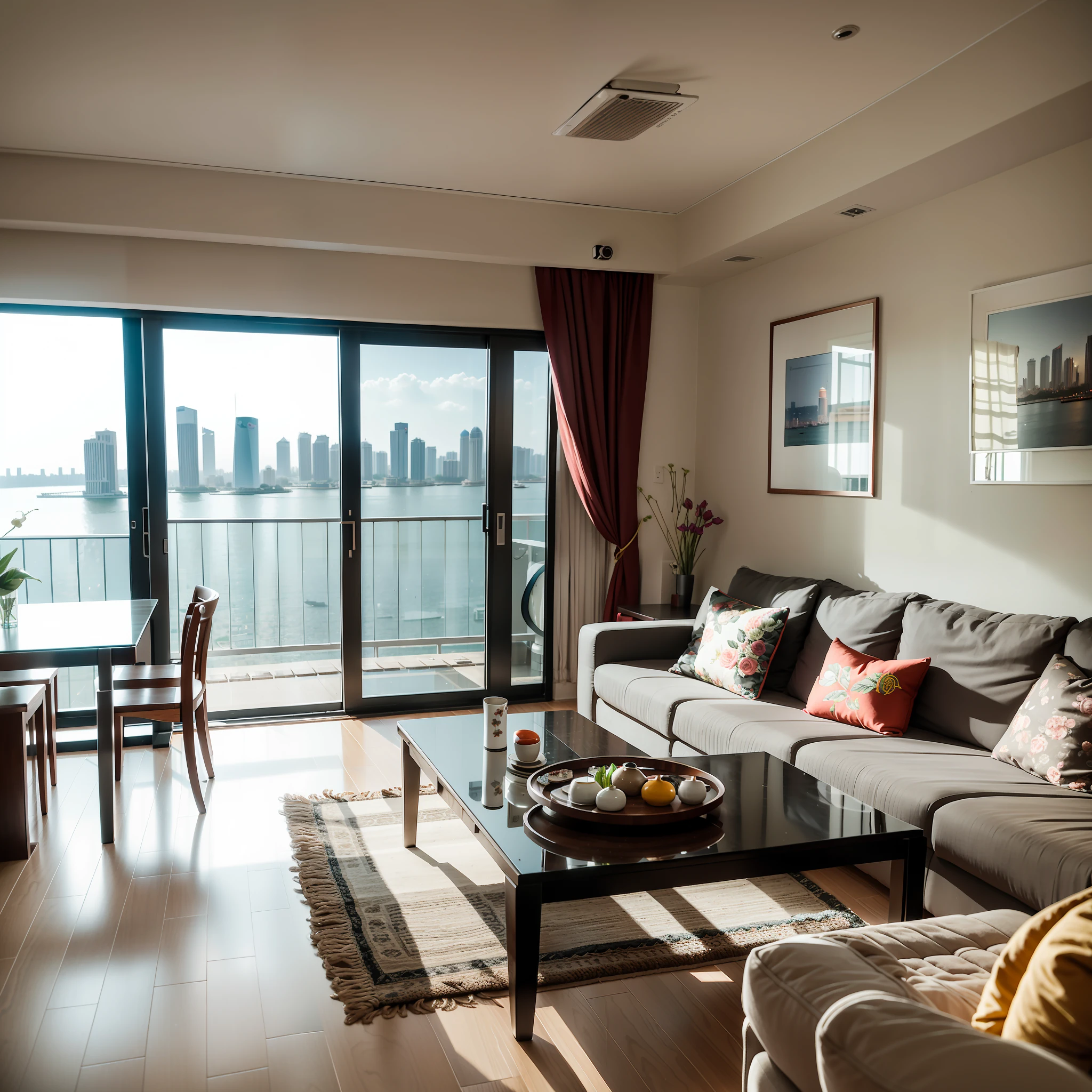 Apartment on the 108th floor of Haihua Island, Hainan,Family of five sitting in the living room watching TV,There is a husky dog next to it,Canon shooting,See the Bund with a telescope