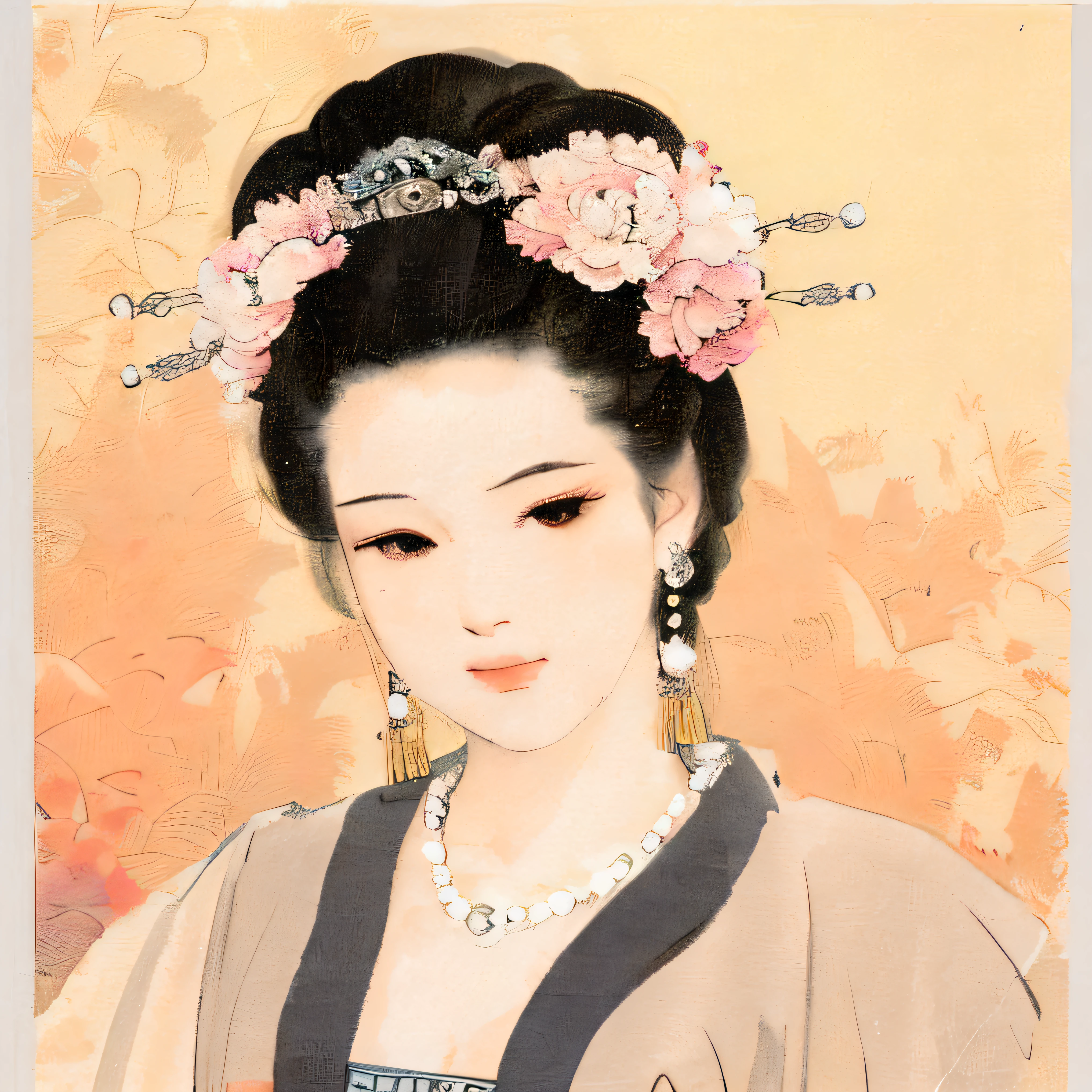 Araved woman with a flower and pearl necklace in her hair, ancient chinese beauti, Princesa chinesa antiga, ancient china art style, China Princess, Chinese art, chinese empress, Chinese woman, an ancient Chinese goddess, Traditional Chinese art, Chinese painting style, ancient asian dynasty princess, Tang dynasty, Wearing ancient Chinese clothes, Beautiful rendering of the Tang Dynasty