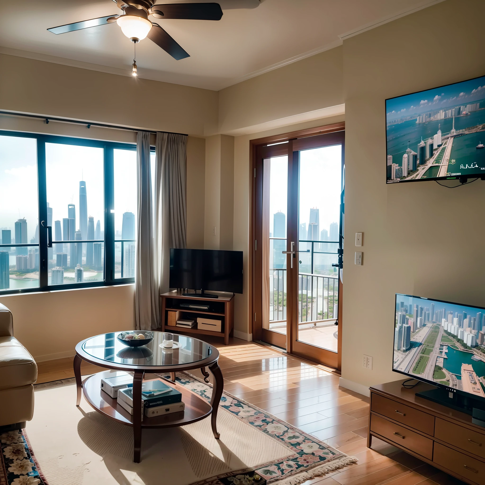Apartment on the 108th floor of Haihua Island, Hainan,Family of five sitting in the living room watching TV,There is a husky dog next to it,Canon shooting,See the Bund with a telescope