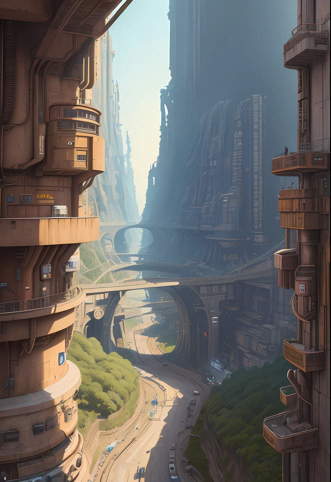 sci-fi cyberpunk city, bridges, deep ravine rift in the middle, terraced streets, reactors, breeder, oil refinery, cars, sunny days, industrial architecture, masterpiece, best quality, high detial, hyper realistic