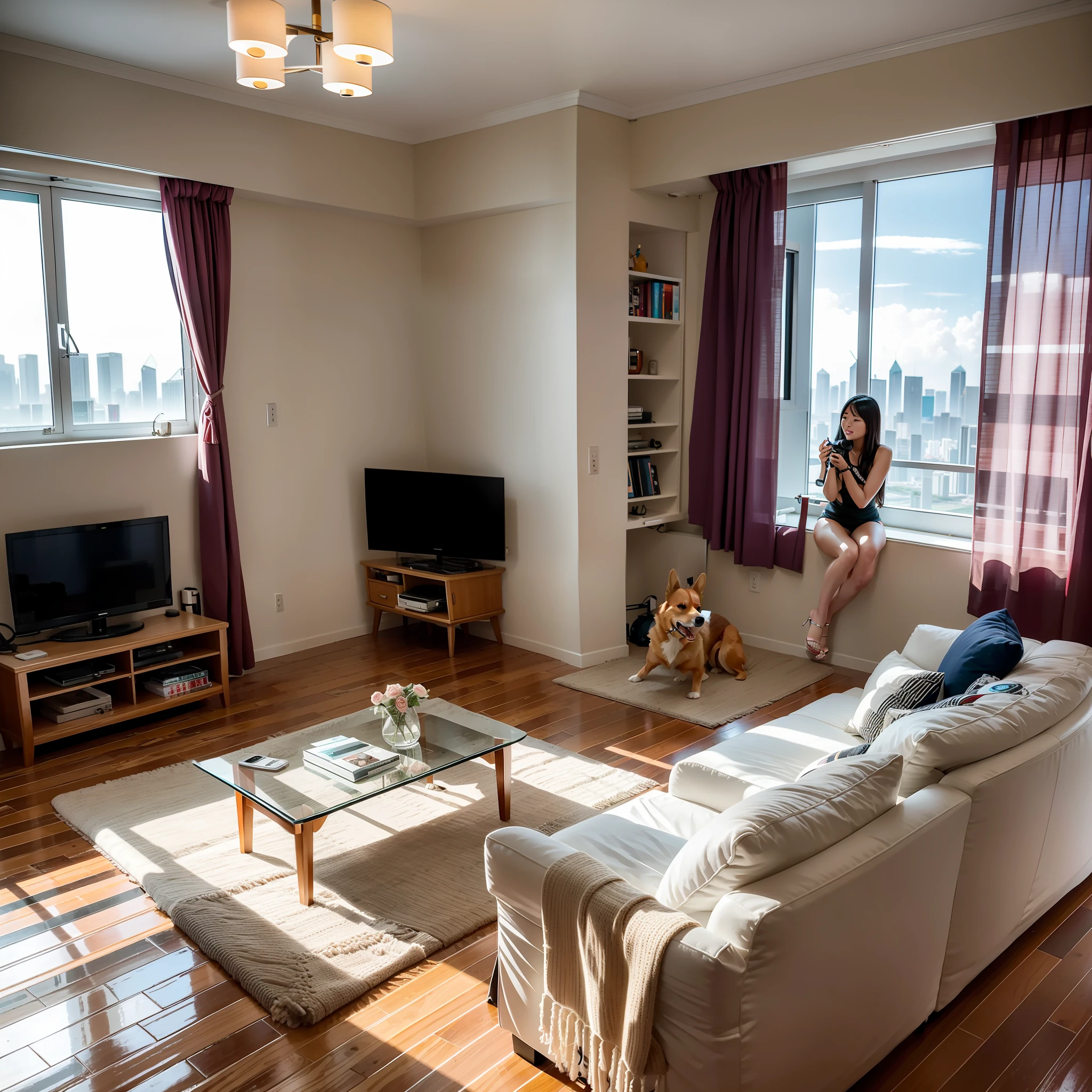 Apartment on the 108th floor of Haihua Island, Hainan,Five bikini girls sitting in the living room watching TV,There is a corgi dog playing next to it,Canon shooting,See the Bund with a telescope