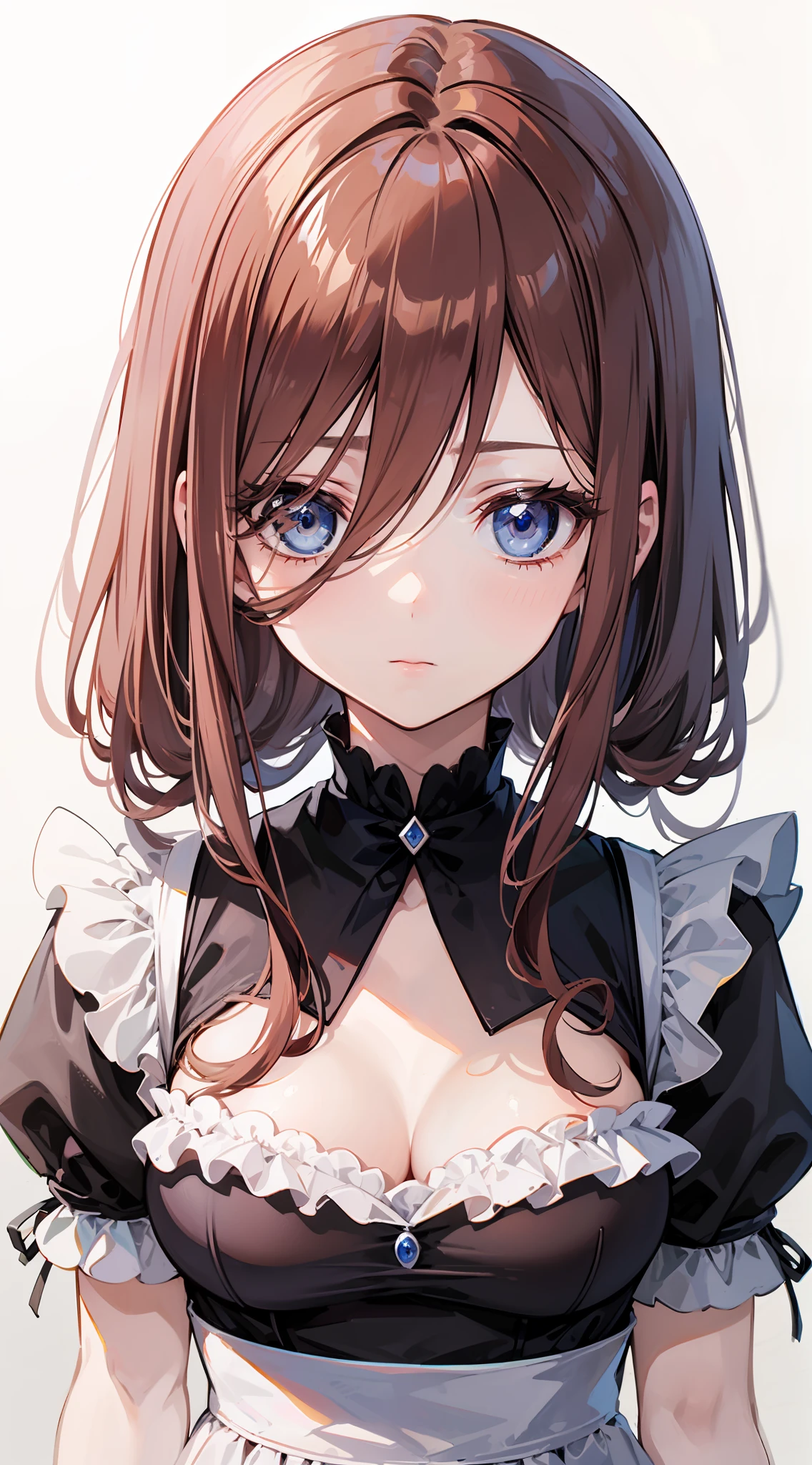 1girl, teen, medium breasts size, brown hair, (((blue eyes))), detailed eyes, beautiful eyes, fixed eyes, maid outfit, (empty background)