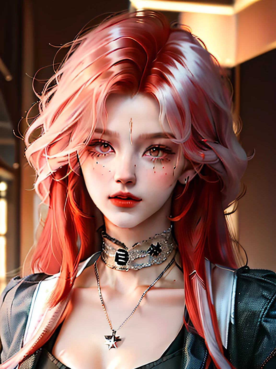 (best qualtiy,8k,32k,tmasterpiece,UHD:1.2),red tinted hair,long whitr hair,cruel,Business suit,woman,oversized_sweater,choker necklace,Handsome background