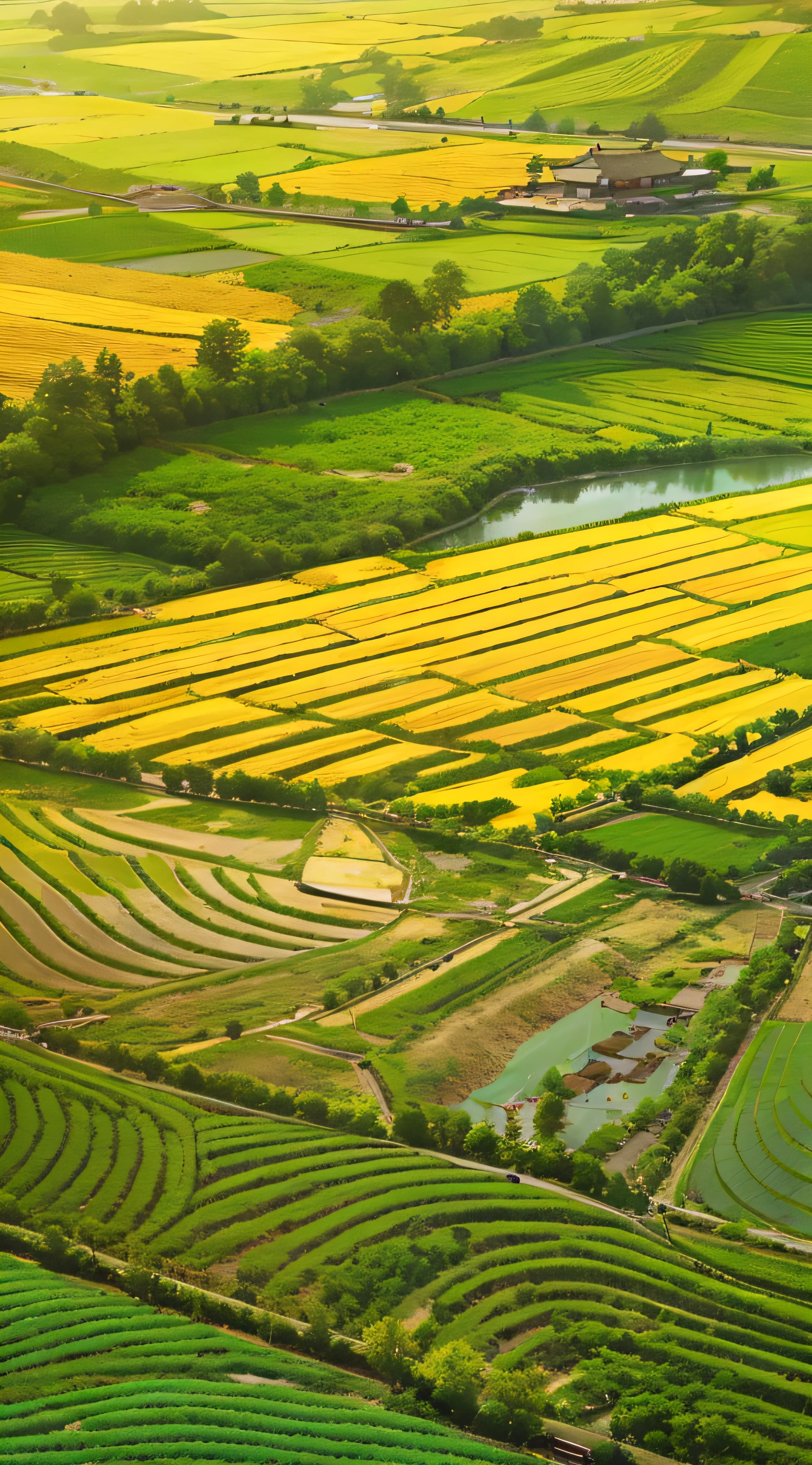 Depict the scene of ripe golden rice fields covering the whole riverine region, along with blooming lotus flower fields, creating a gentle and beautiful rural panorama.8k wallpaper