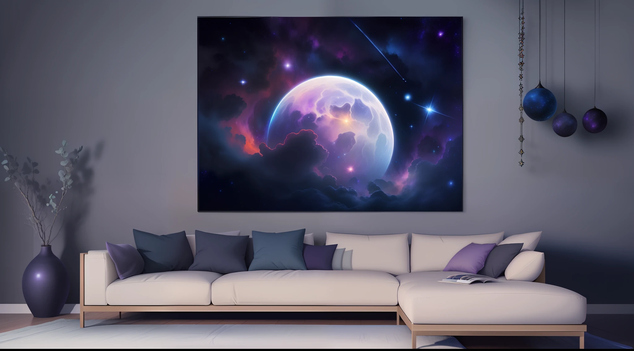 Create a relaxed image, Dark Universe. Scene of serene celestial beauty in the vastness of space, Where distant stars twinkle like guiding lights. Breathtaking nebulae and colorful galaxies inspire amazement and awe. Soothing tones and blended with indigo, Deep purple, And warm shades of the sky to create an atmosphere of peace and tranquility.