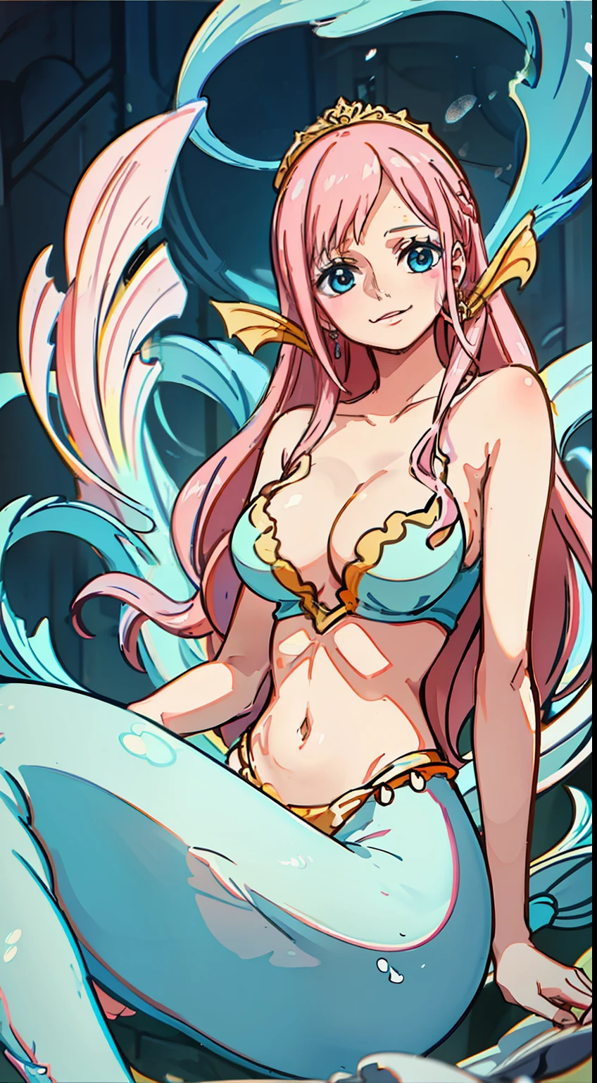 At the bottom of the sea，under the water，Large breasts，Inside the water，mermaids，one-girl，Off-the-shoulder attire，A pink-haired，with brown eye，ssmile，cleavage，closeup cleavage，Eau