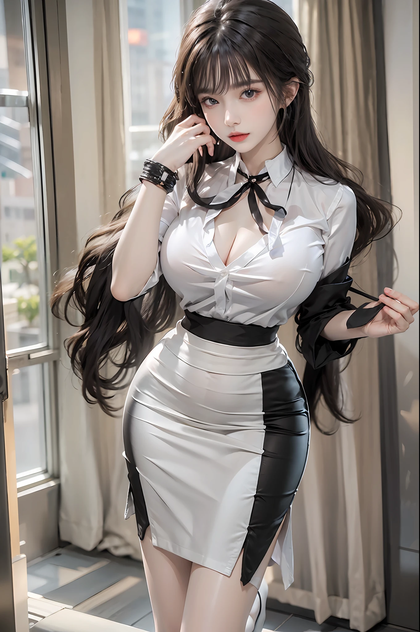 photorealistic, high resolution, 1 woman, solo, hips up, beautiful eyes, long hair, huge breast, bracelets,elegant necklace, elegant diamond earrings, Secretary uniform, white shirt, black skirt, black stockings