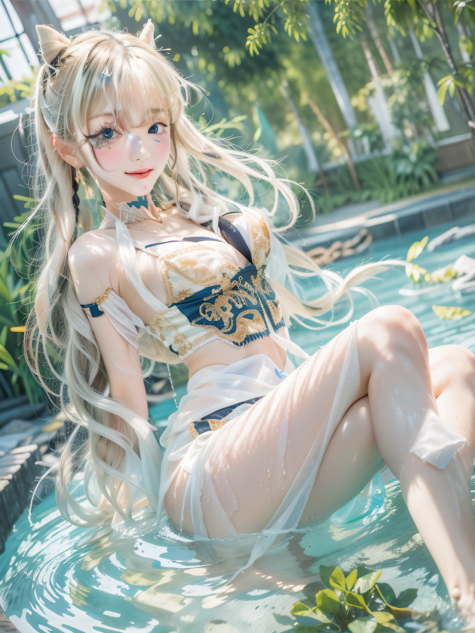 More_Details:1,Glossy glossy skin,Akira_Allen_world_End,black_Hair,eBlue eyes,pony tails,By bangs,long whitr hair,1girll,NSFW,best qualtiy,tmasterpiece,1girll,独奏,young ,nabel,,areola of breast,big cleavage breasts,White skin of the,Slim,Slim,Allen_Akira_world_End,black_Hair,eBlue eyes,pony tails,By bangs,long whitr hair,looking at viewert,seduct smile, parted lip, Be red in the face, arms behind head, Arms up, Half submerged in the tub, Semi-immersed in water, Rochas, A plant, ln the forest, steamy, In the daytime, rays of sunshine, The light from the back window is backlighted, lightand shade contrast