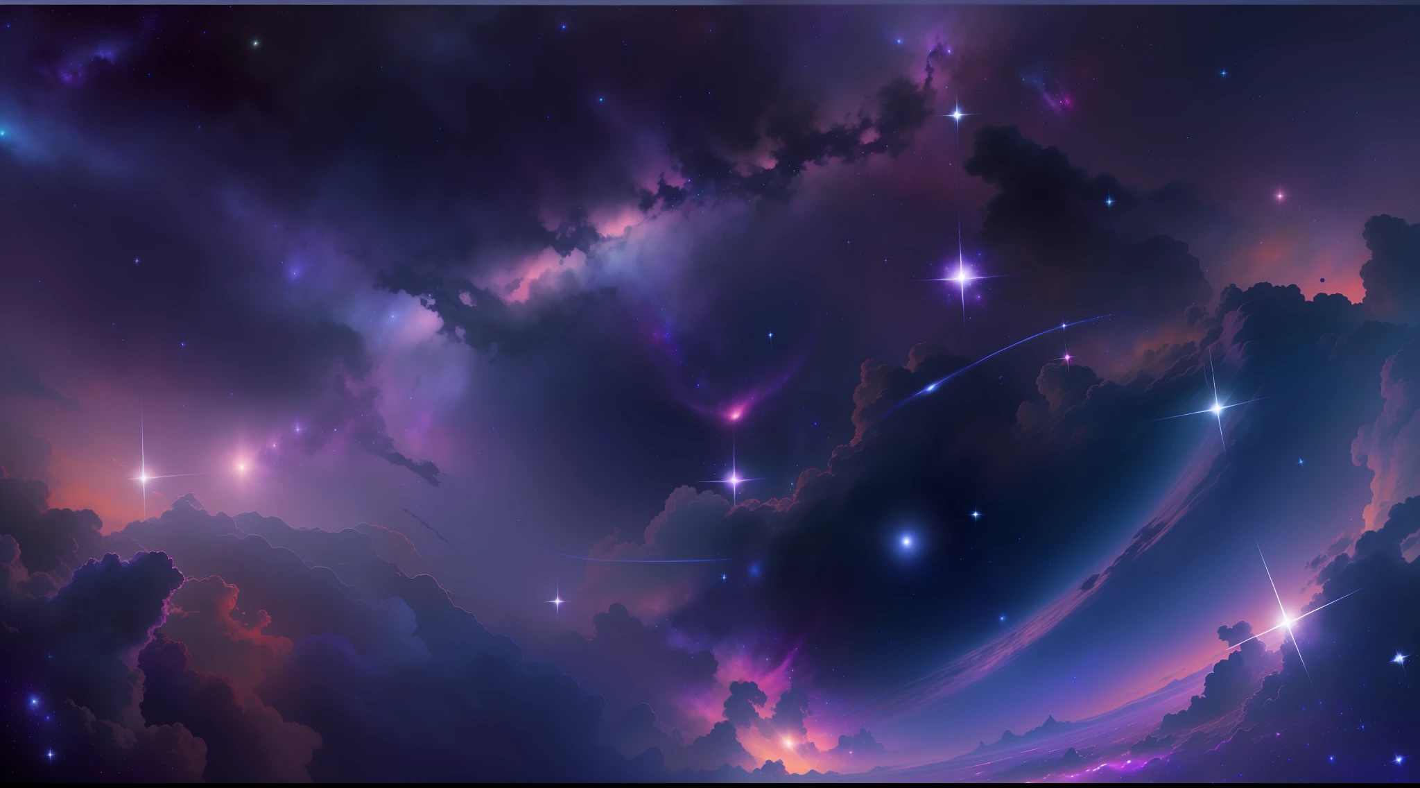 Create a relaxed image, Dark Universe. Scene of serene celestial beauty in the vastness of space, Where distant stars twinkle like guiding lights. Breathtaking nebulae and colorful galaxies inspire amazement and awe. Soothing tones and blended with indigo, Deep purple, And warm shades of the sky to create an atmosphere of peace and tranquility.