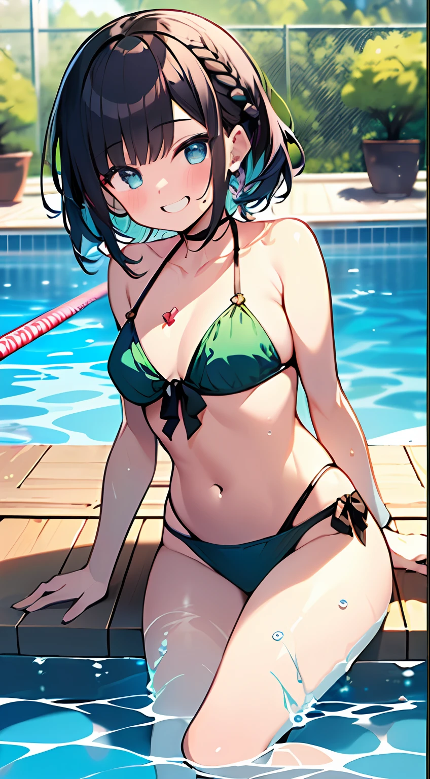 (Incredibly ridiculous absolute resolution:1.5)、hiquality、top-quality、masuter piece、Anime girl in green and blue bikini, 魅惑的、Anime Loli, 8k Manga Wallpapers, heart mark、Smile、Shy laughter、((small curvy loli))、pretty anime girl,((swimming pools))、(Medium Shorthair)、(short braided hair)