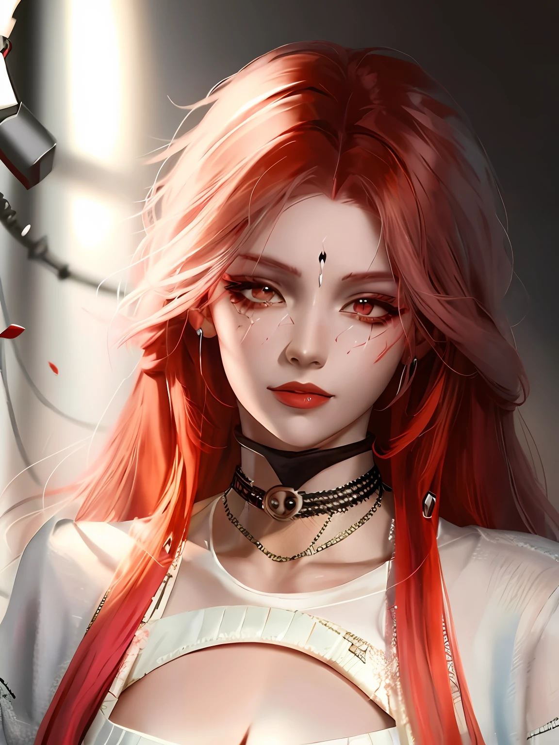 Anime girl with red hair and piercing with a knife, Guviz-style artwork, Rosla 1. 0, Guviz, 🌺 CGSesociety, :: rossdraws, rossdraws portrait, Fantasy art style, Fanart Meilleure ArtStation, Digital anime illustration, Ross Rush digital painting, realistic art style, rossdraws 2. 0