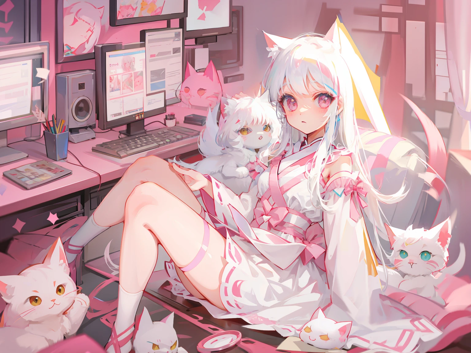 White color hair，Very long hair，slanted bangs，asymmetricalbangs，Princess cut，White cat ears，
