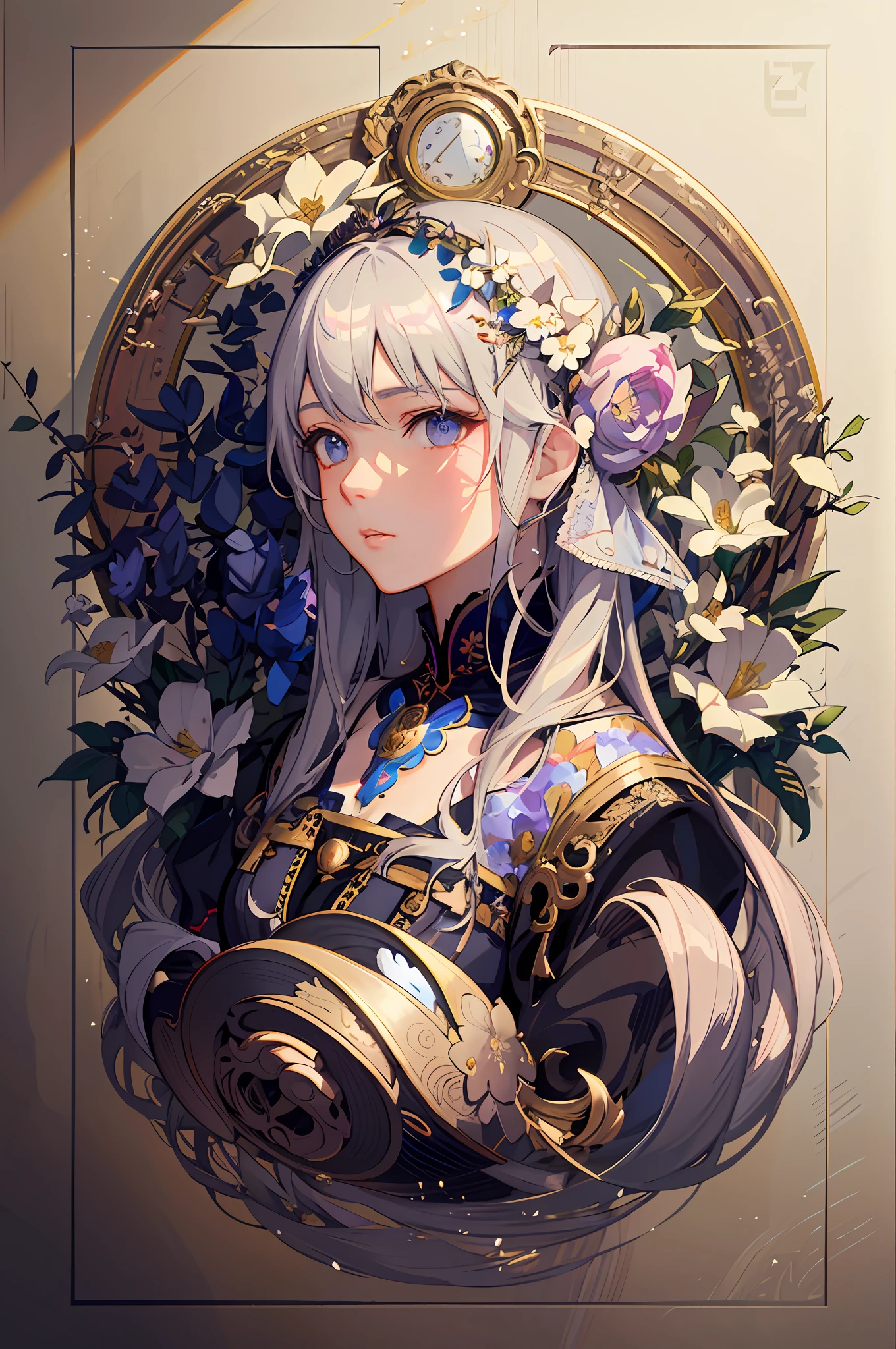 Anime girl with flowers and garlands in her hair, Guweiz on ArtStation Pixiv, Guweiz in Pixiv ArtStation, Guviz-style artwork, a beautiful anime portrait, Detailed digital anime art, Guviz, guweiz masterpiece, Beautiful character painting, detailed portrait of an anime girl, Detailed facial details，Beautiful digital artwork，Exquisite decorative details