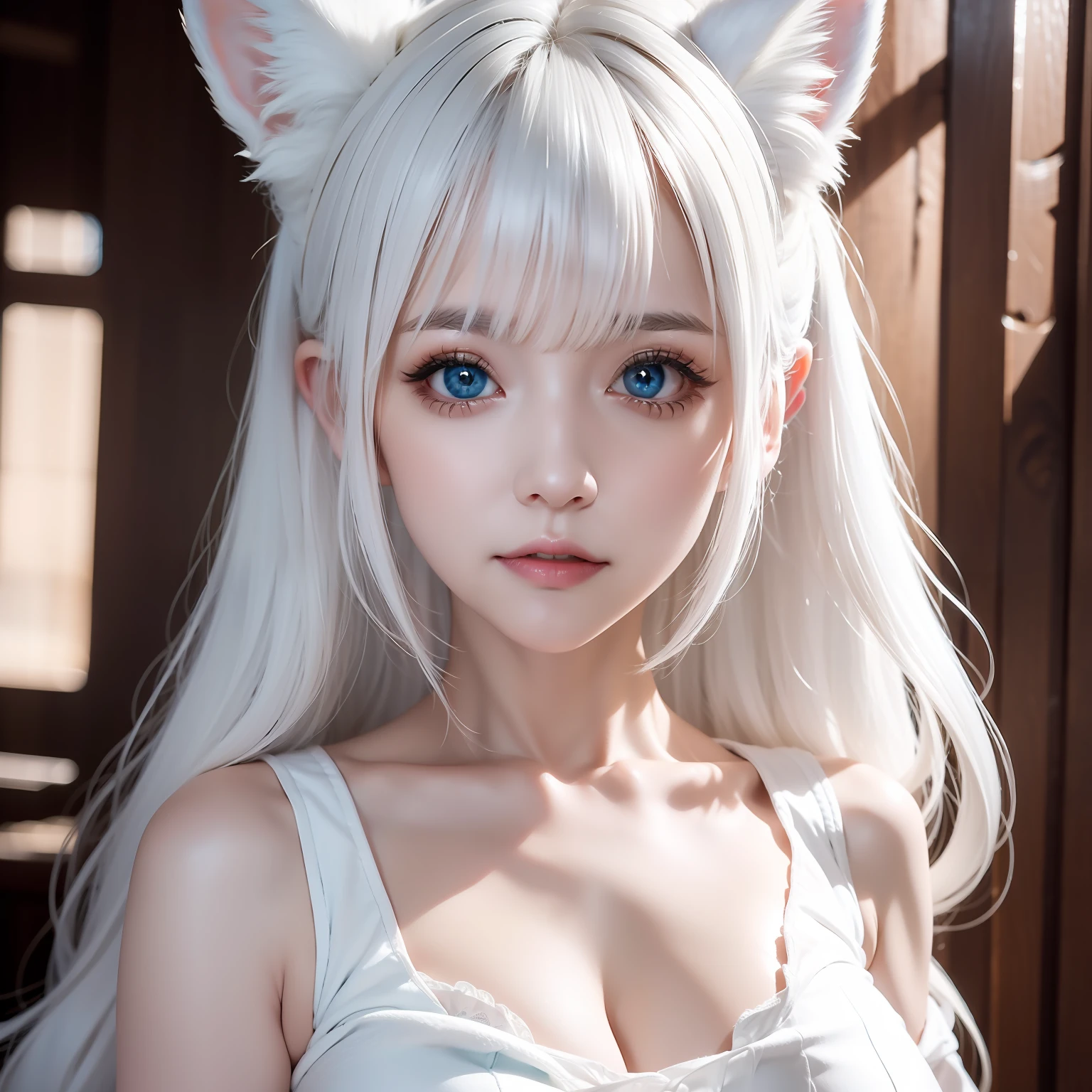 Fox ears white hair girl，fluffy fox ears，fox tails，No ears，Pink floral maxi dress，A beauty with only fox ears，Hair clogs the ears，Fox girl，Fox eyes，Enchanted，Charming，16k， best qualityer， tmasterpiece， 1womanl， 独奏， mature， Raised sexy， Highly detailed face and eyes， professional make-up， ，， glow blue eyes，Fox ears white hair girl