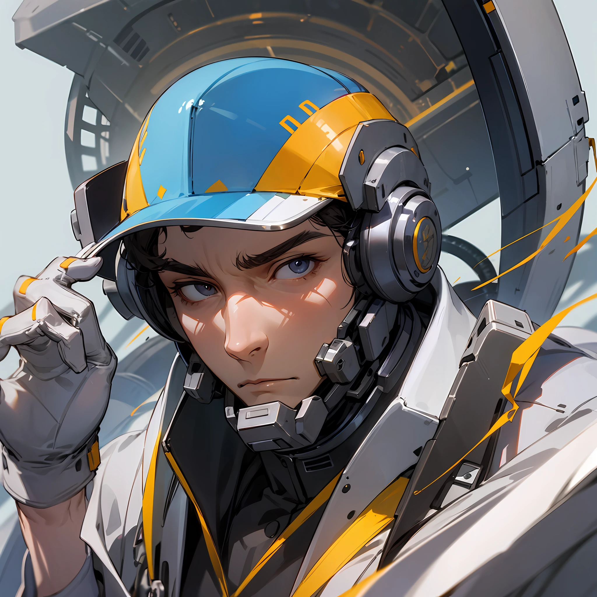 Handsome man，Clear facial features，Flat expression，Welders dress up，wearing hat，The background is a research institute full of science and technology