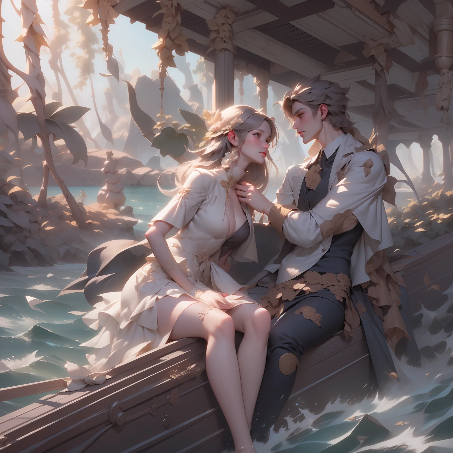 there is a man and woman sitting on a boat together, on a boat, roberto ferri and ruan jia, lv, 🤬 🤮 💕 🎀, by Anita Malfatti, by Emma Andijewska, dolce & gabbana campaign, they are in love, on the ocean, on the sea, jia, 🕹️ 😎 🚬, beautiful line art, detailed manga style, extremely fine ink lineart, black and white manga style, black and white line art, ink manga drawing, intense line art, pencil and ink manga drawing, intense black line art, in style of manga, exquisite line art, perfect lineart,exquisite line art, exquisite digital illustration, detailed digital drawing, black and white coloring, digital anime illustration, a beautiful artwork illustration, detailed matte fantasy portrait, beautiful line art, great digital art with details, goddess. extremely high detail, 4k detailed digital art, stunning digital illustration, digital fantasy illustration,((Best quality)), ((masterpiece)), (detailed:1.4), 3D, an image of a beautiful female,HDR (High Dynamic Range),Ray Tracing,NVIDIA RTX,Super-Resolution,Unreal 5,Subsurface scattering,PBR Texturing,Post-processing,Anisotropic Filtering,Depth-of-field,Maximum clarity and sharpness,Multi-layered textures,Albedo and Specular maps,Surface shading,Accurate simulation of light-material interaction,Perfect proportions,Octane Render, Two-tone lighting,Wide aperture,Low ISO,White balance,Rule of thirds,8K RAW