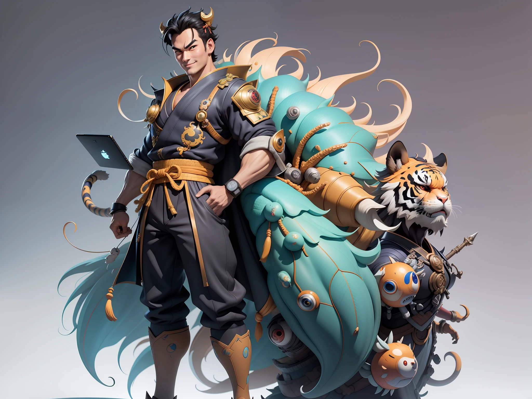 (Masterpiece), (Excellent), (Super Meticulous), (Full Body: 1.2), Super Young Man with Japanese Female Geisha, Beauty, Chinese Dragon, Tiger, Wind God Thor, Sexy, Bursting, Oriental Face, TV Anchor, Bust Portrait Illustration, Black Suit, Blue Tie, Slightly Chubby, Very Clean Face, No Beard, Black Super Short Hair, Black Eyes, Confident Smile, 3c Computer Sub-Products, iPad, iPhone, Digital Painting, 3D Character Design by Mark Claireden and Pixar and Hayao Miyazaki and Akira Toriyama, The illustration is a high-definition illustration in 4K resolution with very detailed facial features and cartoon-style visuals.