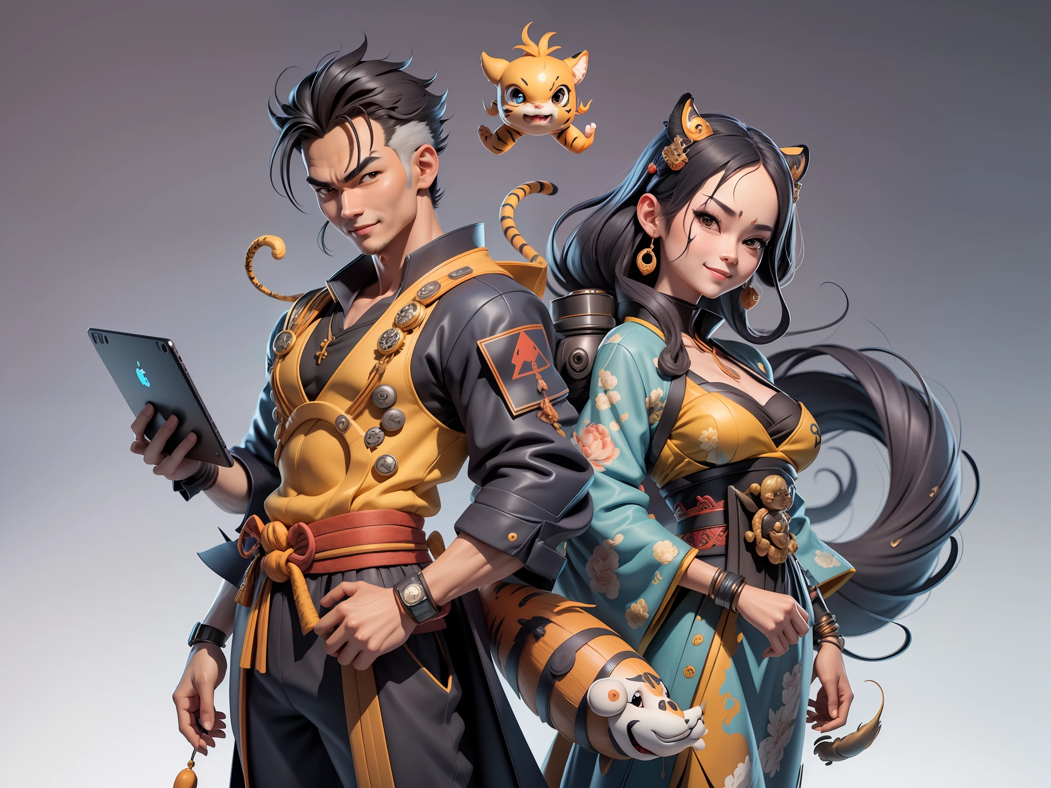 (Masterpiece), (Excellent), (Super Meticulous), (Full Body: 1.2), Super Young Man with Japanese Female Geisha, Beauty, Chinese Dragon, Tiger, Wind God Thor, Sexy, Bursting, Oriental Face, TV Anchor, Bust Portrait Illustration, Black Suit, Blue Tie, Slightly Chubby, Very Clean Face, No Beard, Black Super Short Hair, Black Eyes, Confident Smile, 3c Computer Sub-Products, iPad, iPhone, Digital Painting, 3D Character Design by Mark Claireden and Pixar and Hayao Miyazaki and Akira Toriyama, The illustration is a high-definition illustration in 4K resolution with very detailed facial features and cartoon-style visuals.