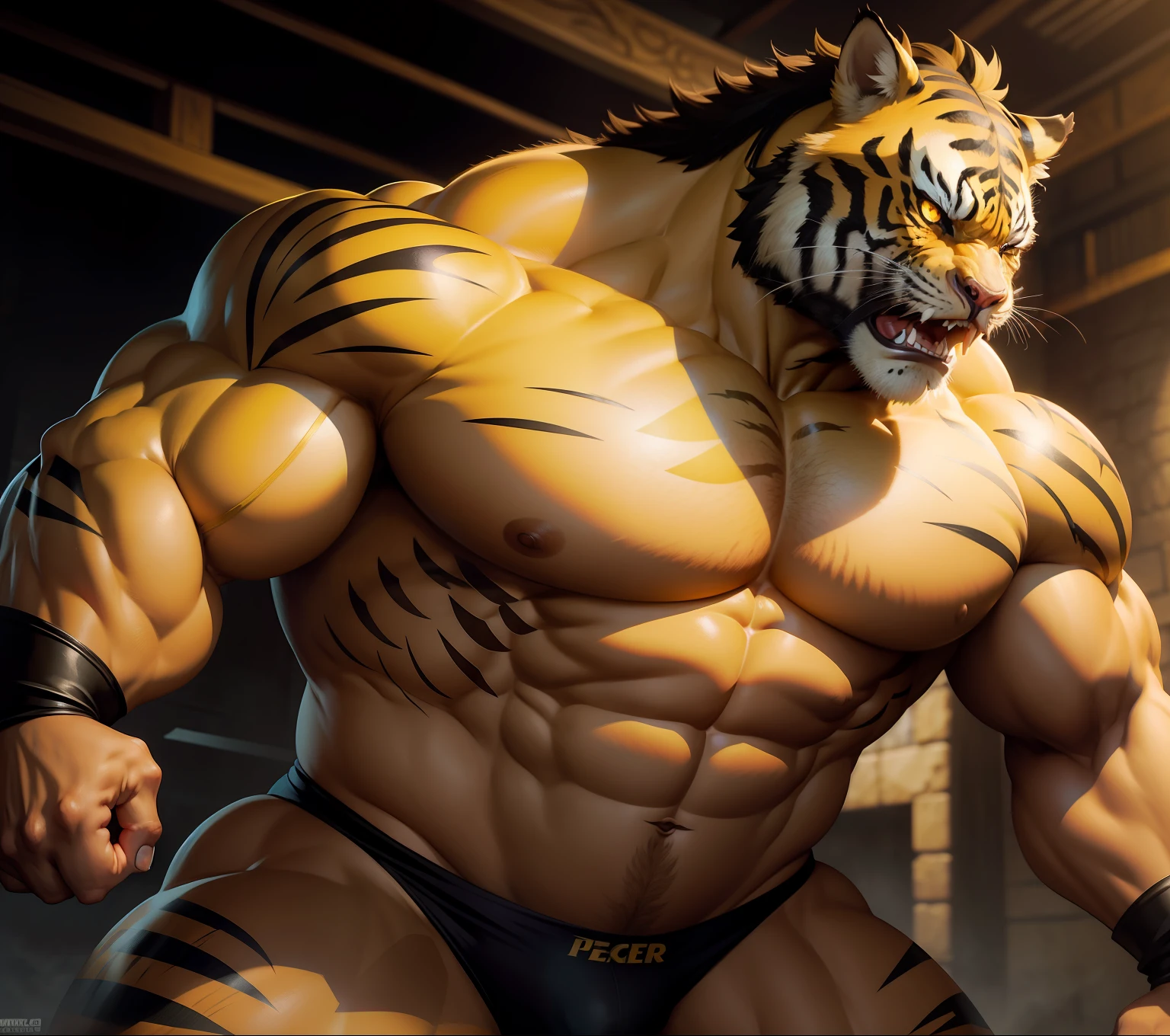 Yellow anime cartoon tiger orc,musculous,The pectorals are large,Wearing black panties,Strong and burly,