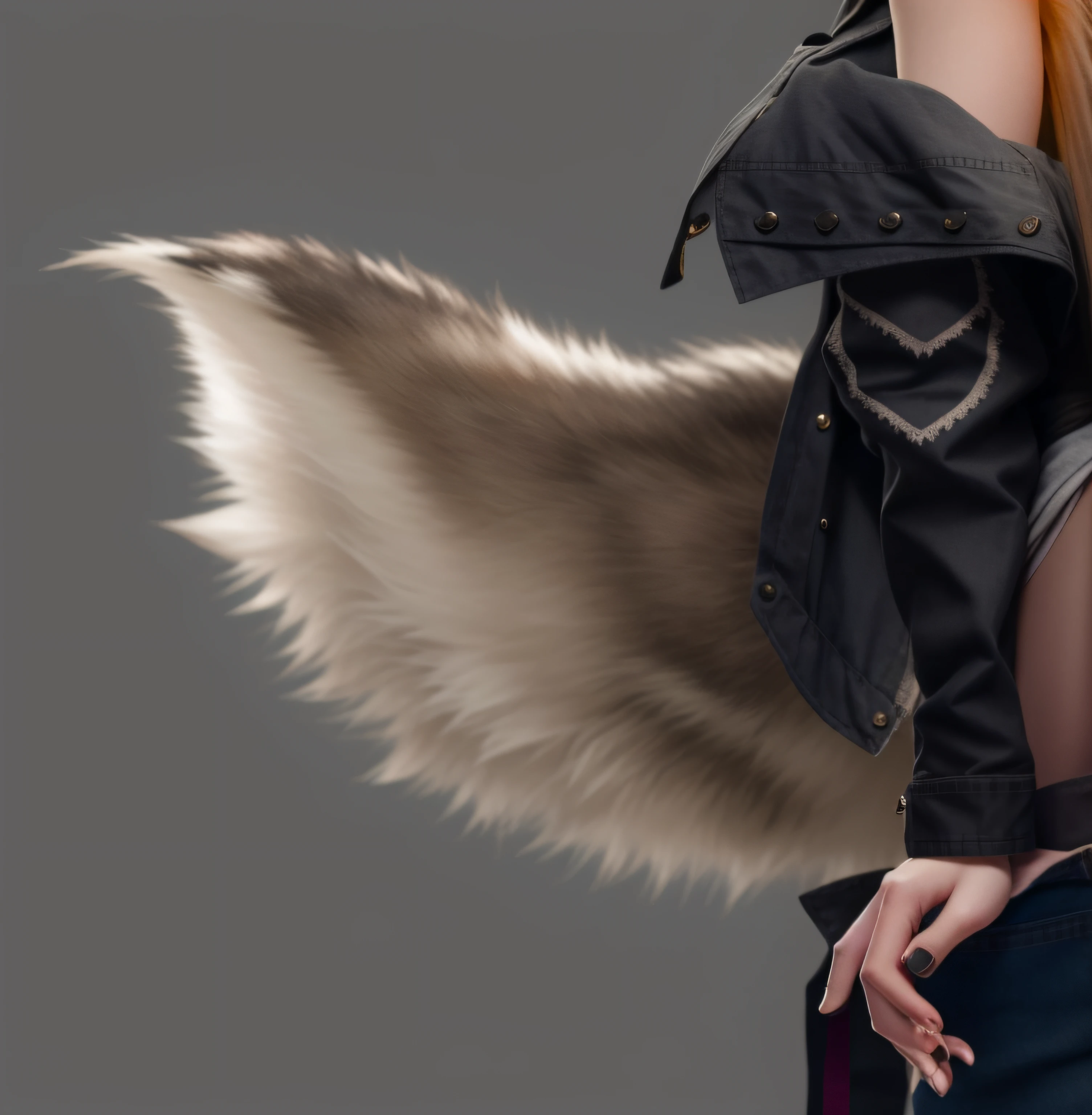 Wolf Girl, Hairy tail, Wolf tail, bloom, ((cold light)), sharp focus, photo realistic, detailed skin, background out of focus, cinematic composition , ultra-detailed, realistic , hyper-realistic , volumetric lighting, 8k, trending on artstation