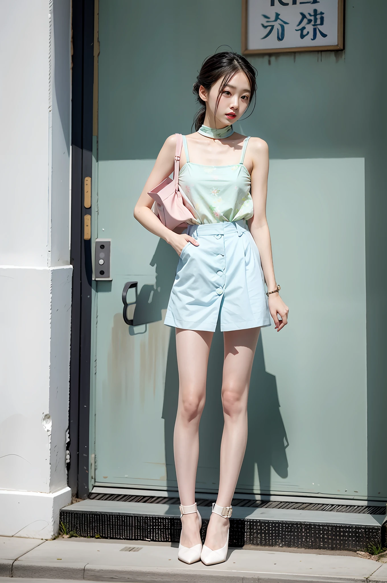 Chinese woman with pastel colors, Only pastel colors, in pastel shades, lots of pastel colour, feminine in pastel shades, Pastel colors, feminine in cute pastel shades, Pastel tones, intricate outfits, Very nice pastel colors, in pastel shades, Pastel style, pastelcolor, Pastel color, Hosiery; On the street, in pastel shades,Flat tip,bralette,Suspenders,splits legs