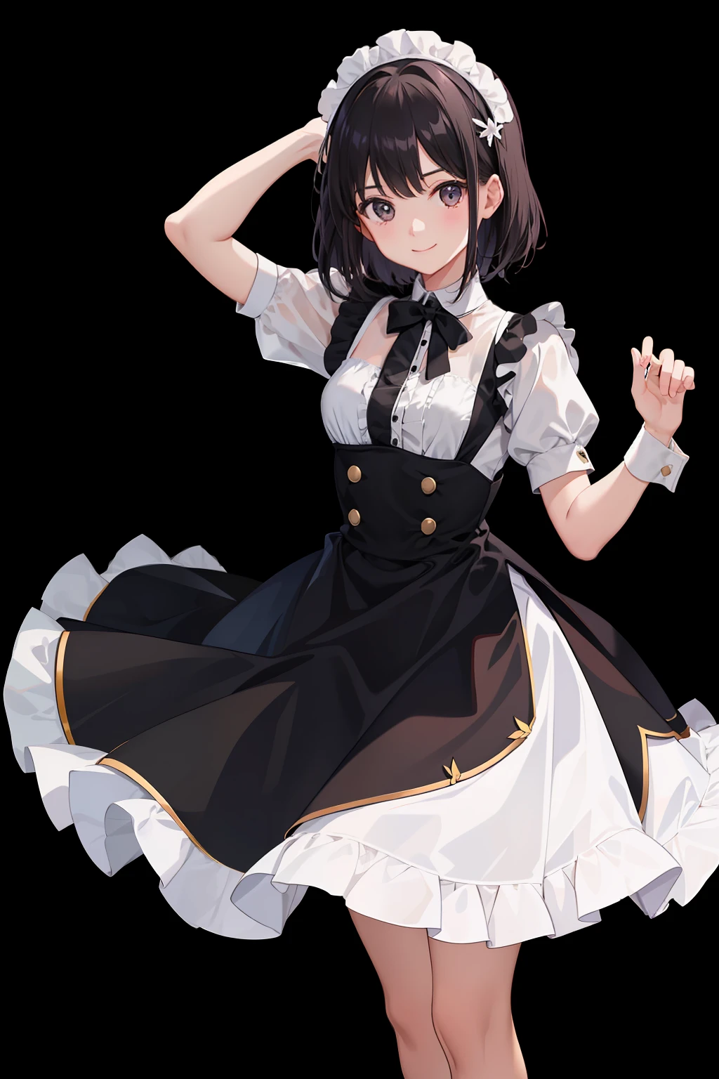 1girl in、A smile、A delightful、skirt by the、(small tits)Chilarism、doress、pinafore,,,,,,、Maids,,,,,,,,、A dark-haired、hair adornments、movement、