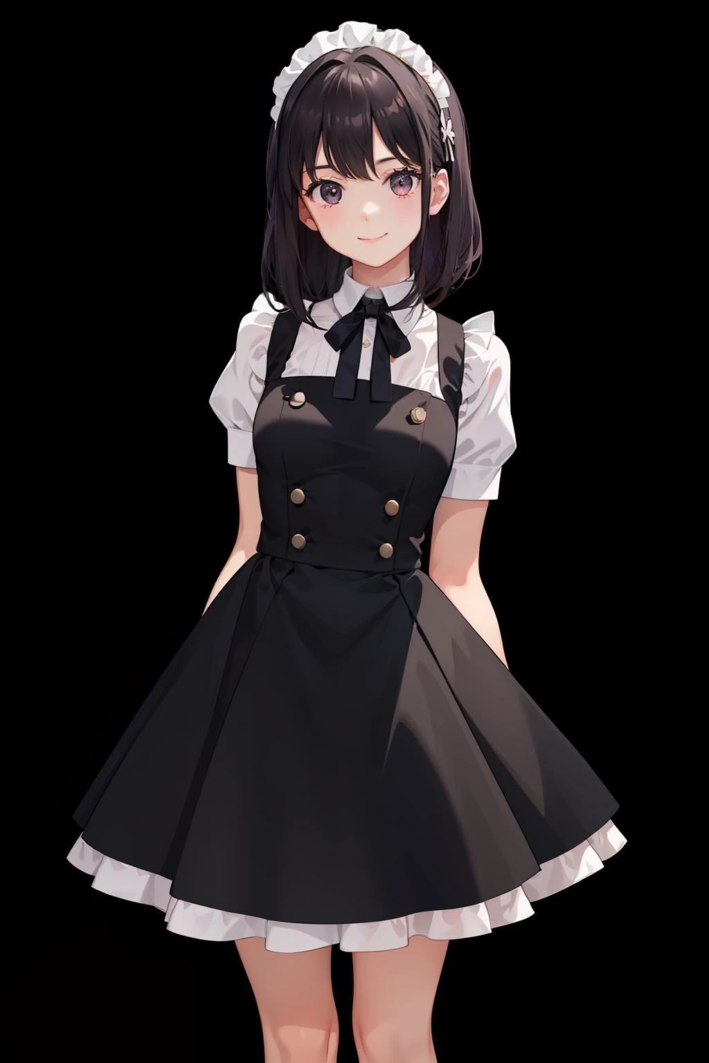 1girl in、A smile、A delightful、skirt by the、(small tits)Chilarism、doress、pinafore,,,,,,、Maids,,,,,,,,、A dark-haired、hair adornments、movement、