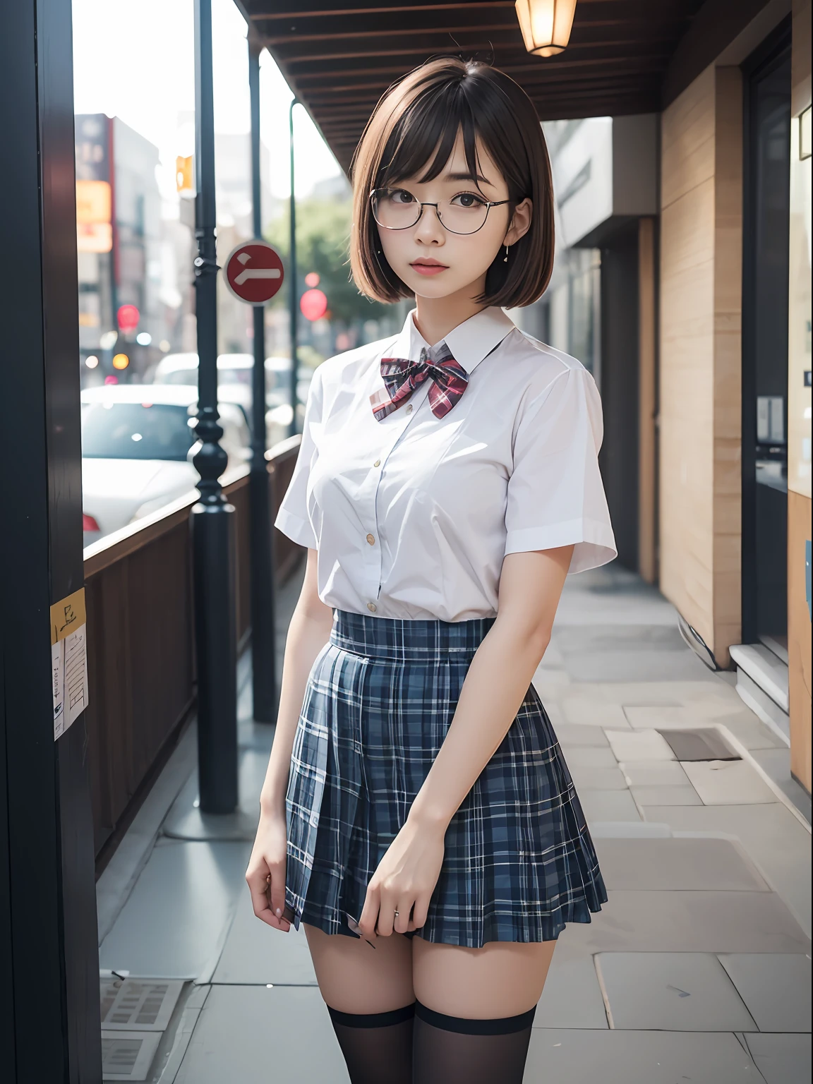 (8K、Raw photography、top-quality、masterpiece:1.2),absurderes,a small face,small tits,flat breast,Parting the bangs from the middle、Forehead visible,(Tight eyes,Bullish,skinny,Rasping,irate)、masterpiece,top-quality、超A high resolution,Raw photo,ren,Beautiful fece,One Person, 独奏,eye glass,,Dark look,Small breasts,fullllbody,Round glasses、cute little、A Japanese Lady,is standing,(Tight eyes,Bullish,skinny,Rasping,irate,small tits,flat breast)、(Photorealsitic:1.37)、Photon mapping,Light blue ribbon,Realistic、Cute little face,Brown-eyed、Black socks、(Red bow tie)、Radio City、Physically Based Rendering、Foreground、depth of fields、Blurry background、a picture,The girls、Body, Long legs, Thin leg,bob cuts,(Bangs are visible), hair, s lips, Blue_The eye, nosesoft,White shirt, Navy blue and white plaid pleated skirt, Knees are visible,Sheer clothing,, Thigh, Black cotton socks,Nogizaka Idol, 女優, Japanese ido