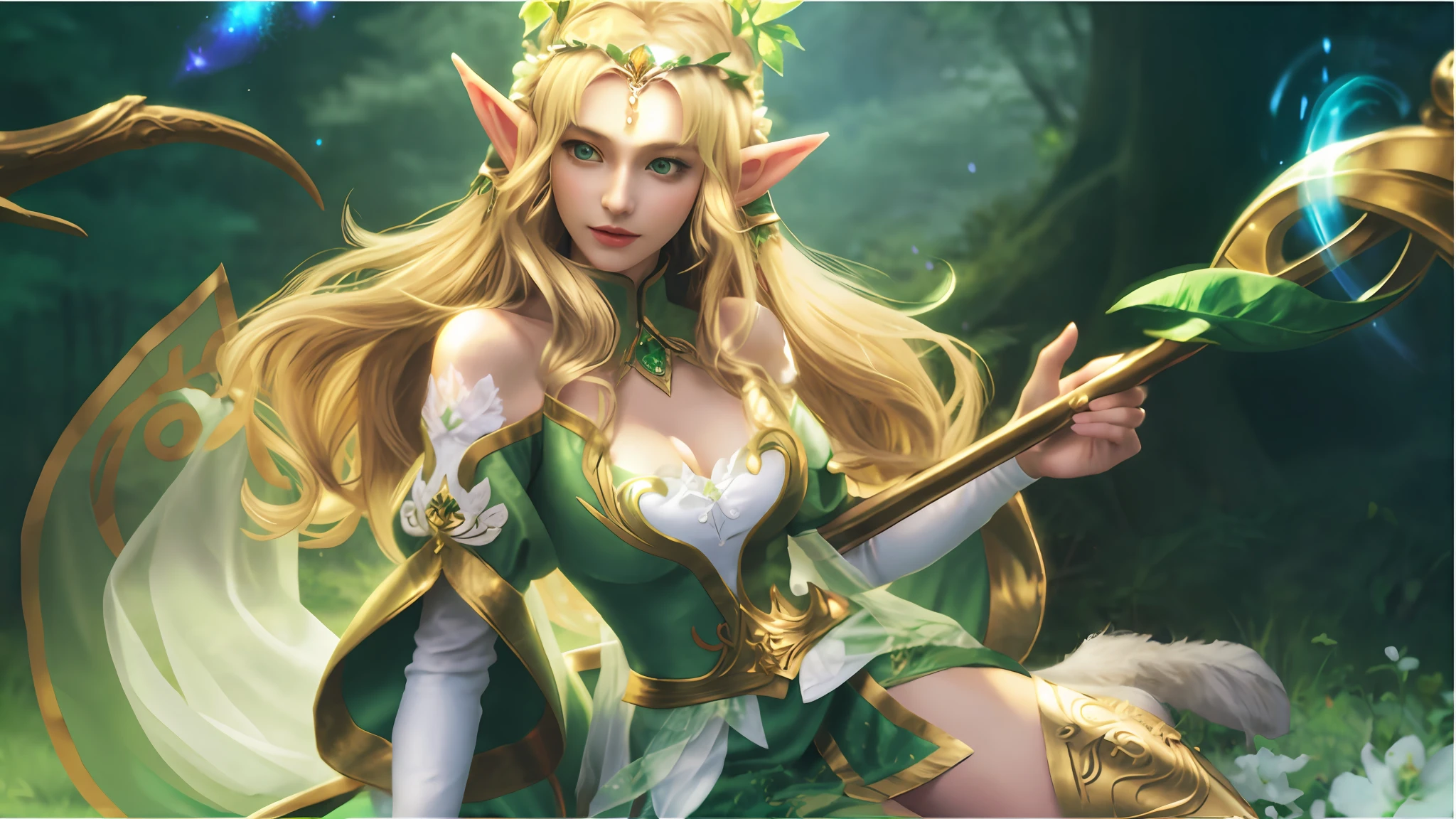 A woman dressed in green and white holds a green staff, alluring elf princess knight, Sexy figure,Chest details,clothes details,elf queen nissa genesis mage, Elf Princess, fairy queen, fey queen of the summer forest, Elf Girl, elf princess knight, a blonde emerald warrior, An elf queen, elven princess, elf girl wearing an flower suit, IG model | Art germ