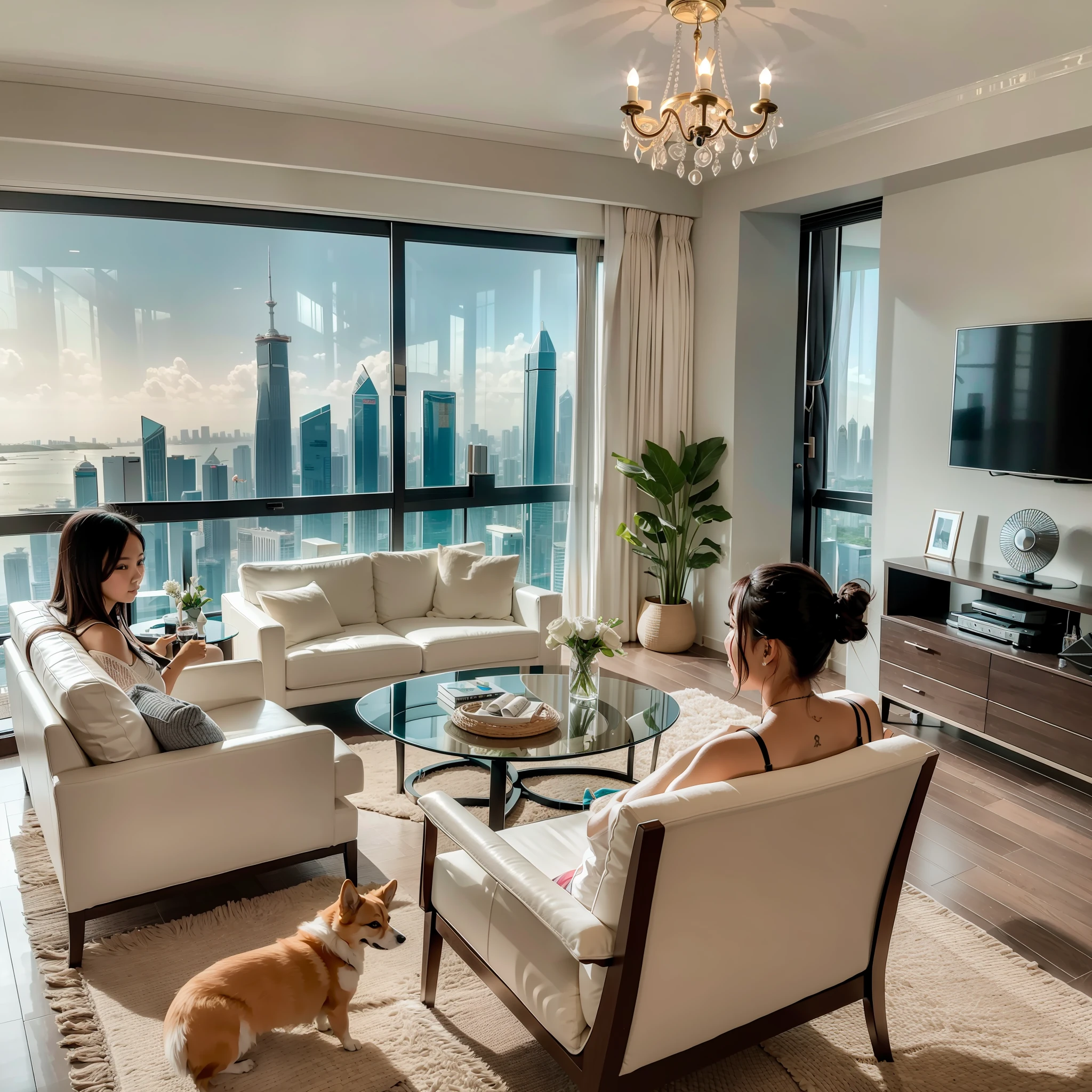 Apartment on the 108th floor of Sea Flower Island, Hainan,Five bikini girls sitting in living room watching TV,There is a six-month-old little corgi playing next to it,Canon shooting,See the Bund with a telescope
