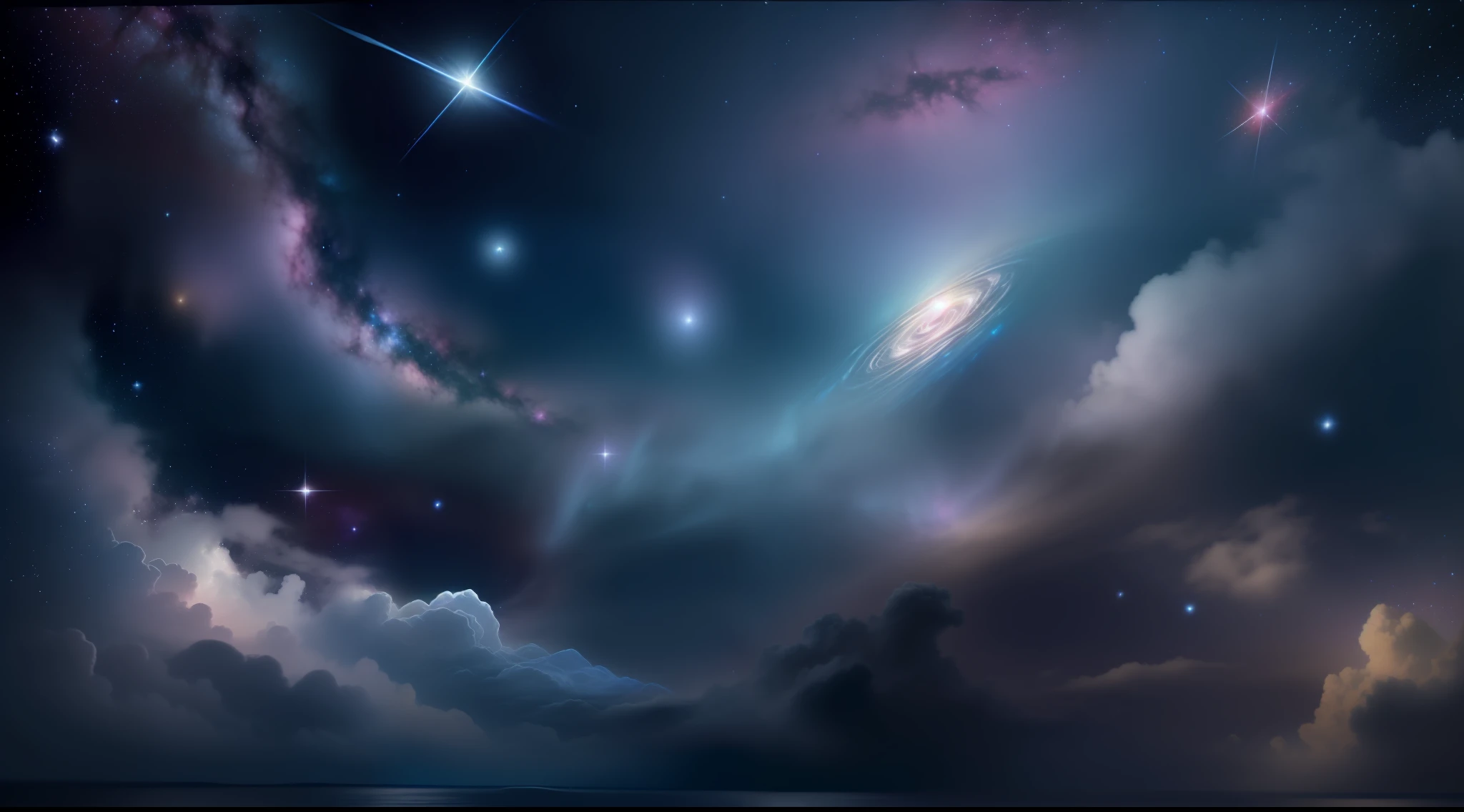 Create a relaxed image, Dark Universe. Scene of serene celestial beauty in the vastness of space, Where distant stars twinkle like guiding lights. Breathtaking nebulae and colorful galaxies inspire amazement and awe. Blending with muted tones and indigo, Deep purple, Eta、Warm shades of the sky to create an atmosphere of peace and tranquility.