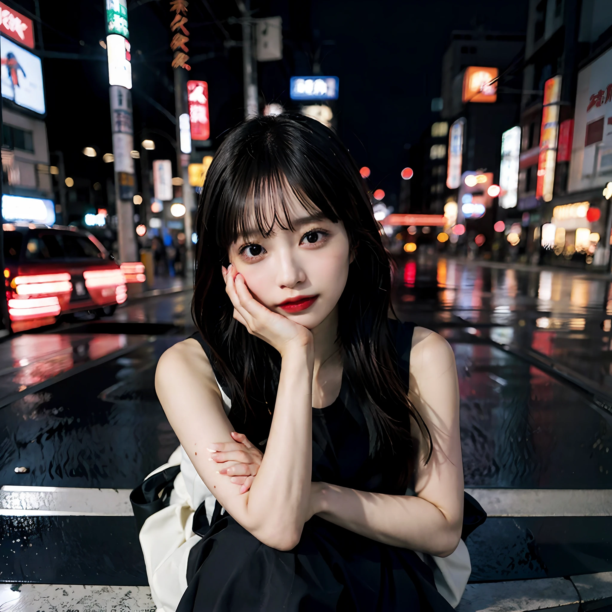 1girl、Streets of Tokyo、natta、A city scape、city light、、8k、RAW Photography、top-quality、masterpiece、realisitic、Photorealsitic、1girl in、nightcity、dinner、cell phone、appointment、full bodyesbian、Pulling photo、Hand holding iPhone