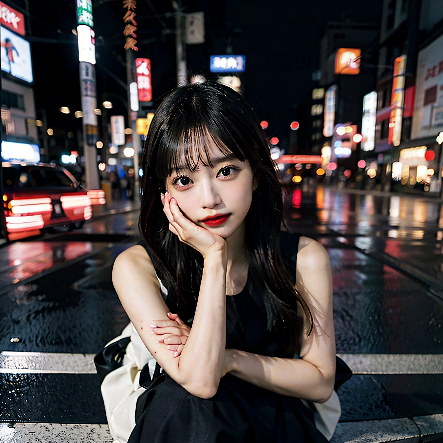 1girl、Streets of Tokyo、natta、A city scape、city light、、8k、RAW Photography、top-quality、masterpiece、realisitic、Photorealsitic、1girl in、nightcity、dinner、cell phone、appointment、full bodyesbian、Pulling photo、Hand holding iPhone