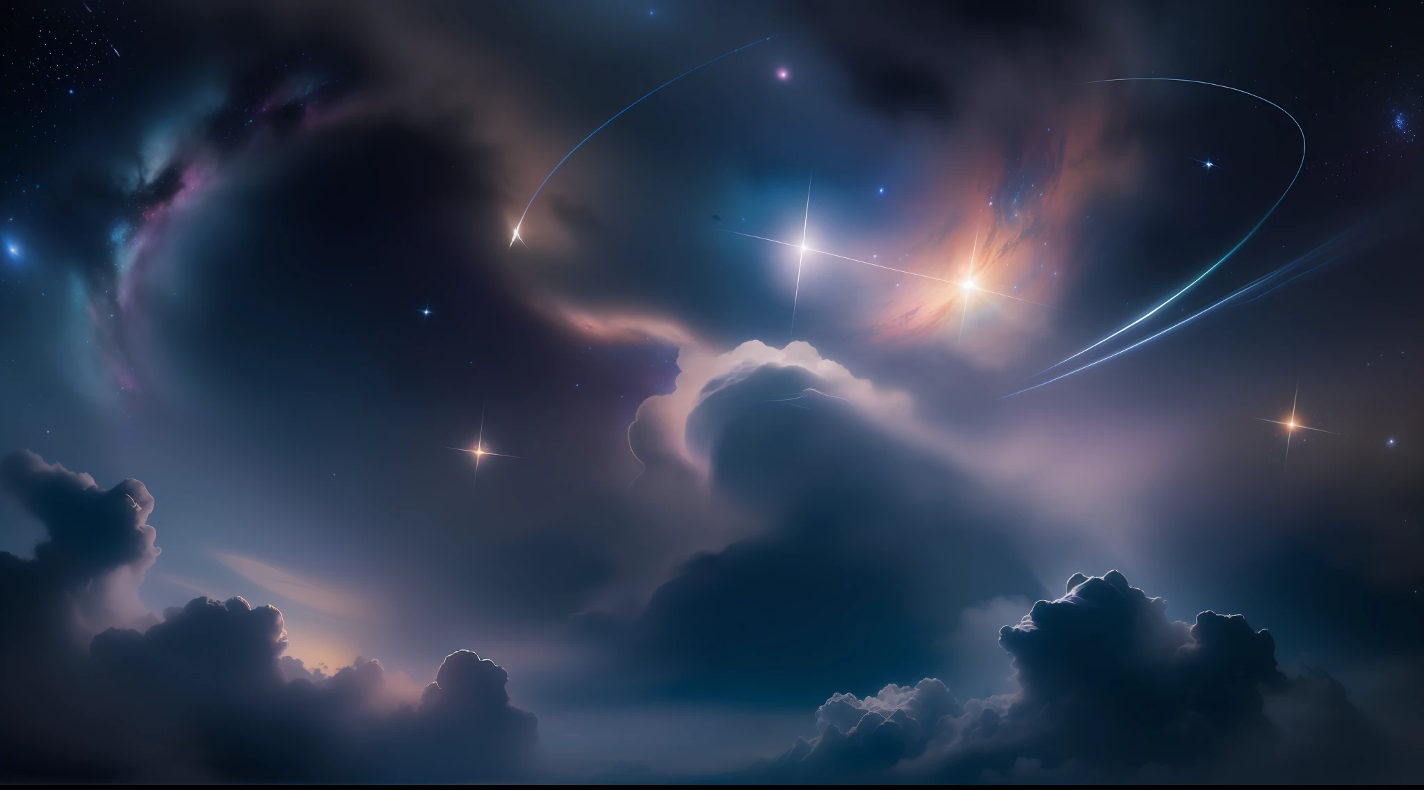 Create a relaxed image, Dark Universe. Scene of serene celestial beauty in the vastness of space, Where distant stars twinkle like guiding lights. Breathtaking nebulae and colorful galaxies inspire amazement and awe. Blending with muted tones and indigo, Deep purple, Eta、Warm shades of the sky to create an atmosphere of peace and tranquility.