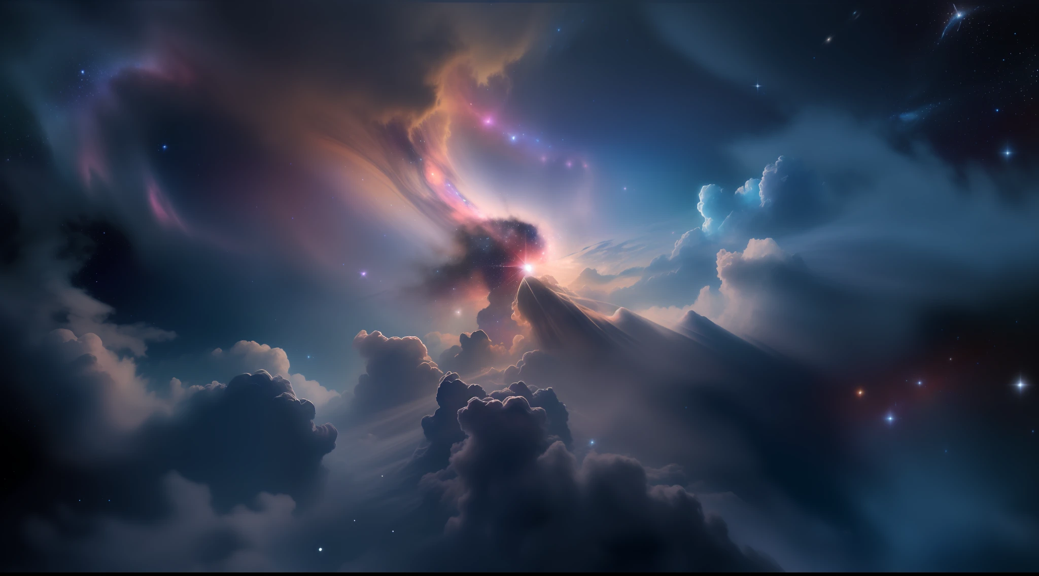 Create a relaxed image, Dark Universe. Scene of serene celestial beauty in the vastness of space, Where distant stars twinkle like guiding lights. Breathtaking nebulae and colorful galaxies inspire amazement and awe.  Blending with muted tones and indigo, Deep purple, Eta、Warm shades of the sky to create an atmosphere of peace and tranquility.