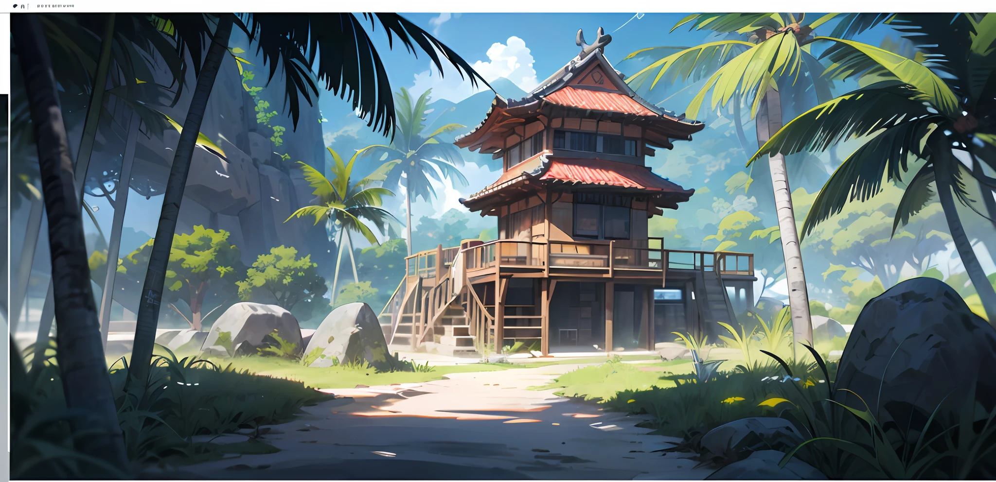 （（（8K，RAW photos，best qualtiy，tmasterpiece：1.4））），超高分辨率，ultra - detailed，illustratio，closeup cleavage，sense of science and technology，mirai、imagining、military base，overwatch style，tropical jungle，Rocks，Add air perspective，Bastion base，lookout tower，Dirt roads，coconut palms，Enhanced atmosphere rendering，Enhance contrast，